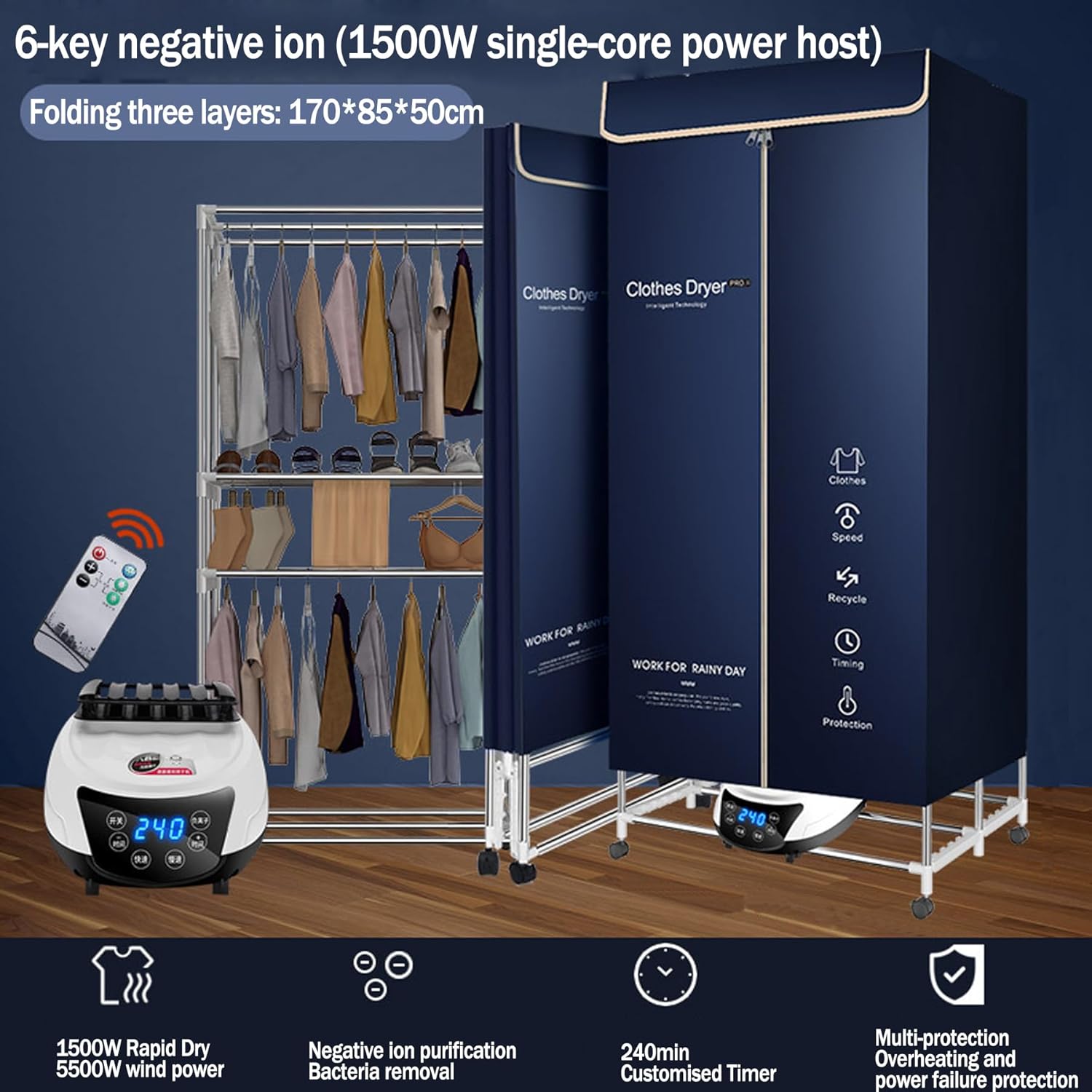 Portable Clothes Dryer Electric Drying Racks, Fast Dry Clothes Drying Rack Machine, With Warm Air Drying Wardrobe With Dustproof Cloth Curtain for Apartments Home Laundry