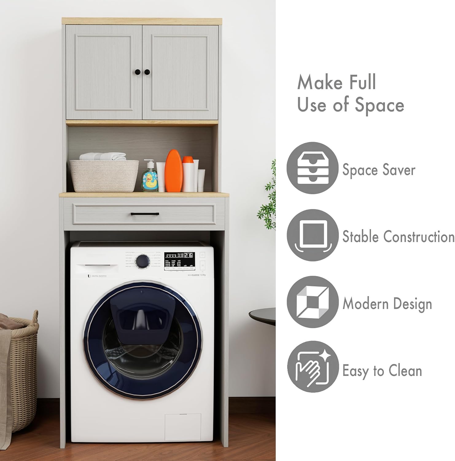 Over-Washer & Dryer Storage Cabinet - Features Fake Drawer Design,Adjustable Shelf,Wide Tabletop, and Anti-Tip Safety -Laundry Room Organizer for Space-Saving Storage Above Appliances