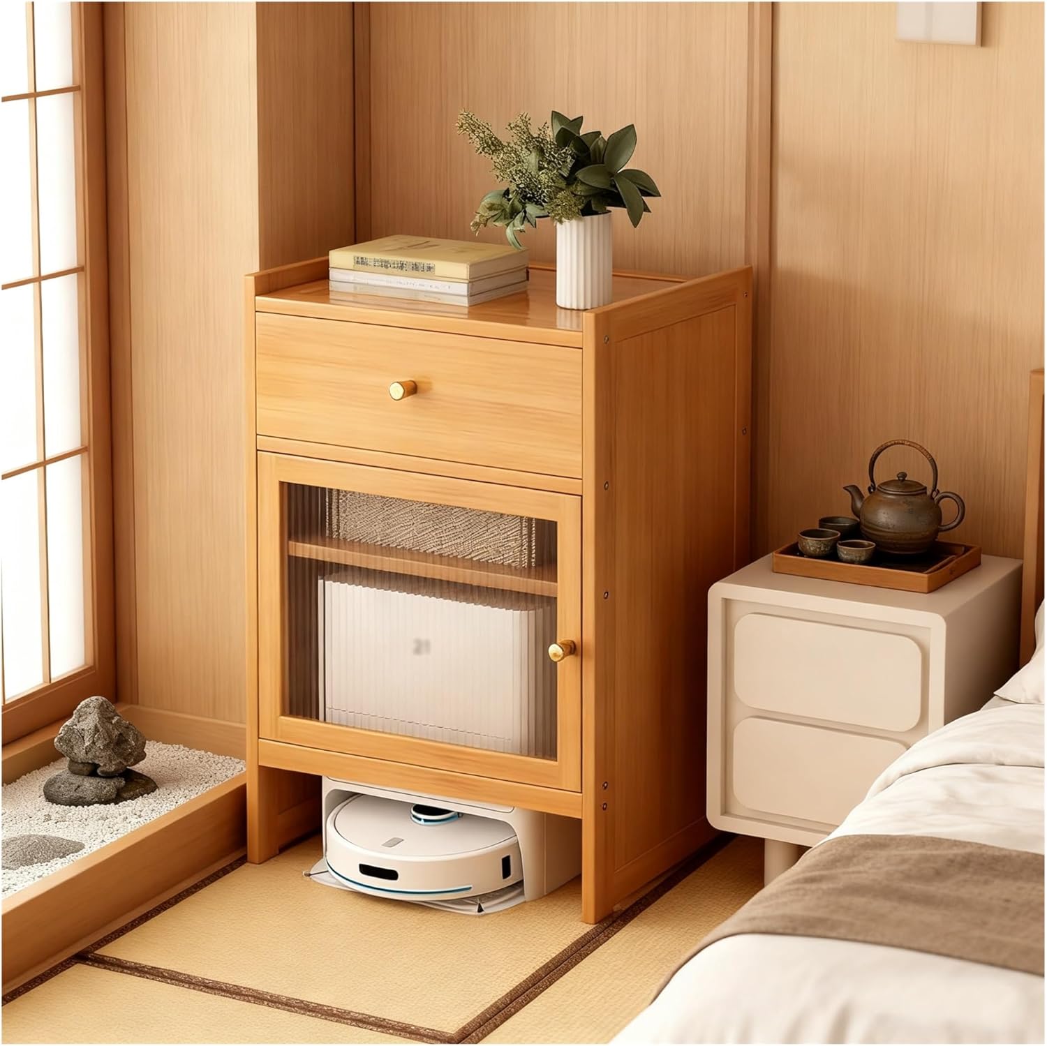 Robot Vacuum Storage Cabinet, Robot Vacuum Storage Side Table End Table C Shaped End Tables for Living Room, Home Office, Kitchen(Natural)