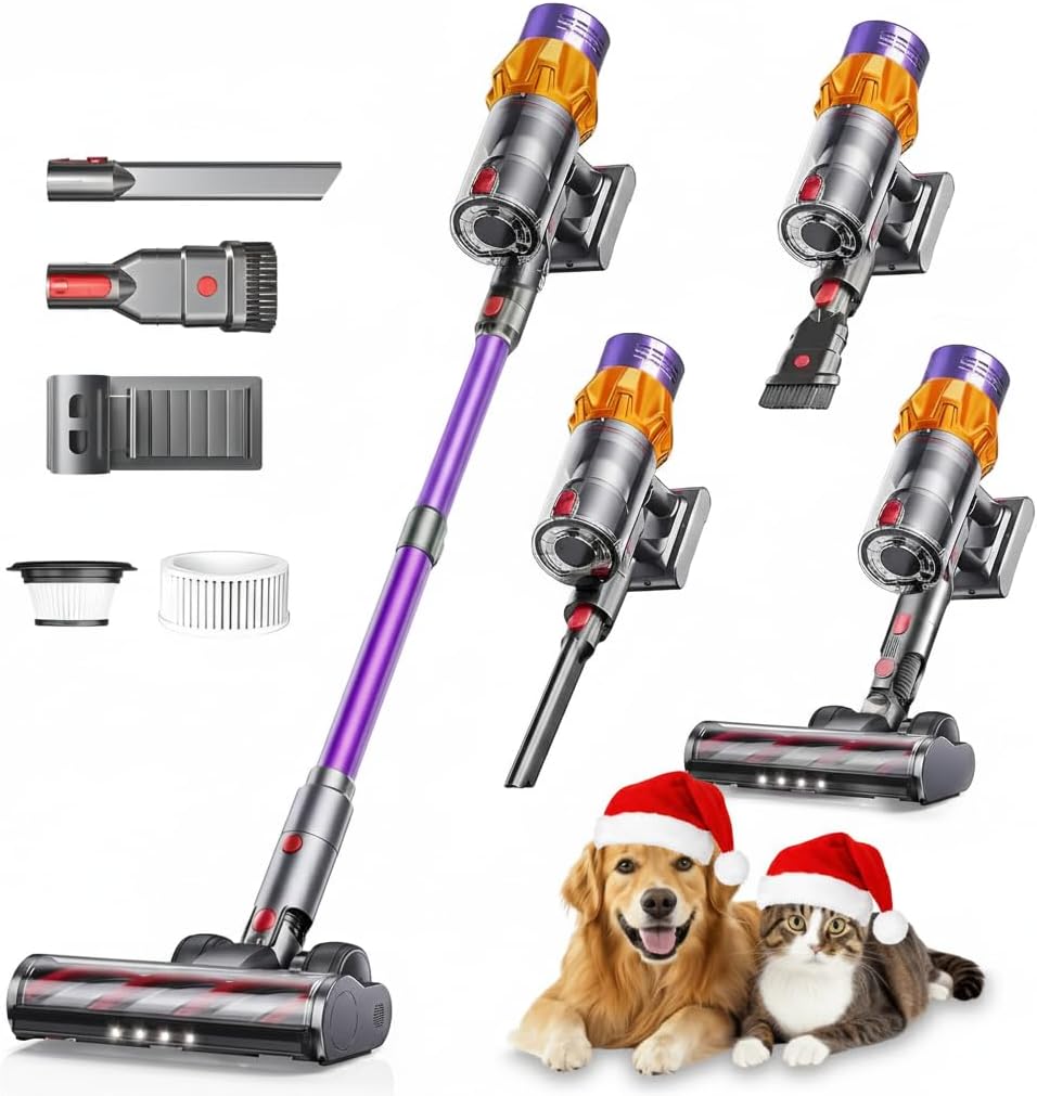 Cordless Vacuum Cleaners-48 KPa/580W with Upto 90Mins Runtime | Stick Vacuum Cleaner with 2 Hepa Filters-Wall Mounted-Touchscreen-Anti-Tangle Brush (Purple)