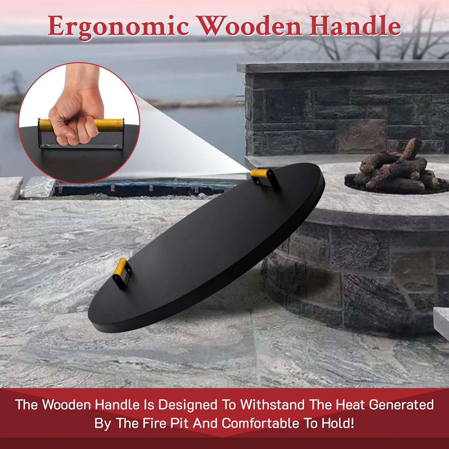 28” firepit lid round for inside up to 26” gas fire pit lid for Outdoor Fireplace Cover - Steel fire pit metal cover W/ 2 Wooden Handles & Powder Coated Snuffer Lid for Round Patio FirePit Ring