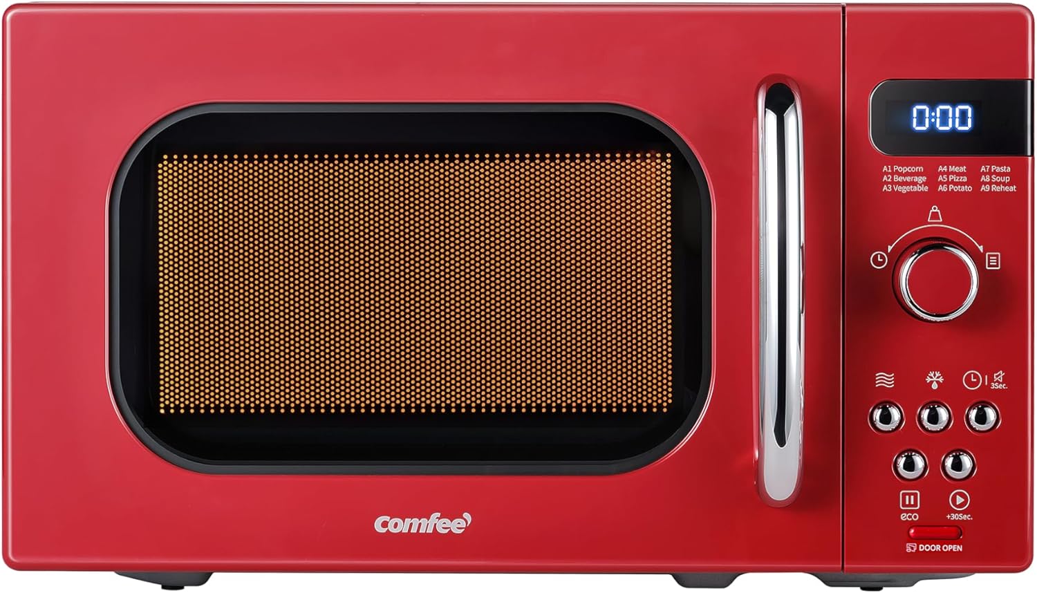COMFEE' Retro Small Microwave Oven With Compact Size, 9 Preset Menus, Position-Memory Turntable, Mute Function, Countertop, Perfect For Small Spaces, 0.7 Cu Ft/700W, Red, AM720C2RA-R