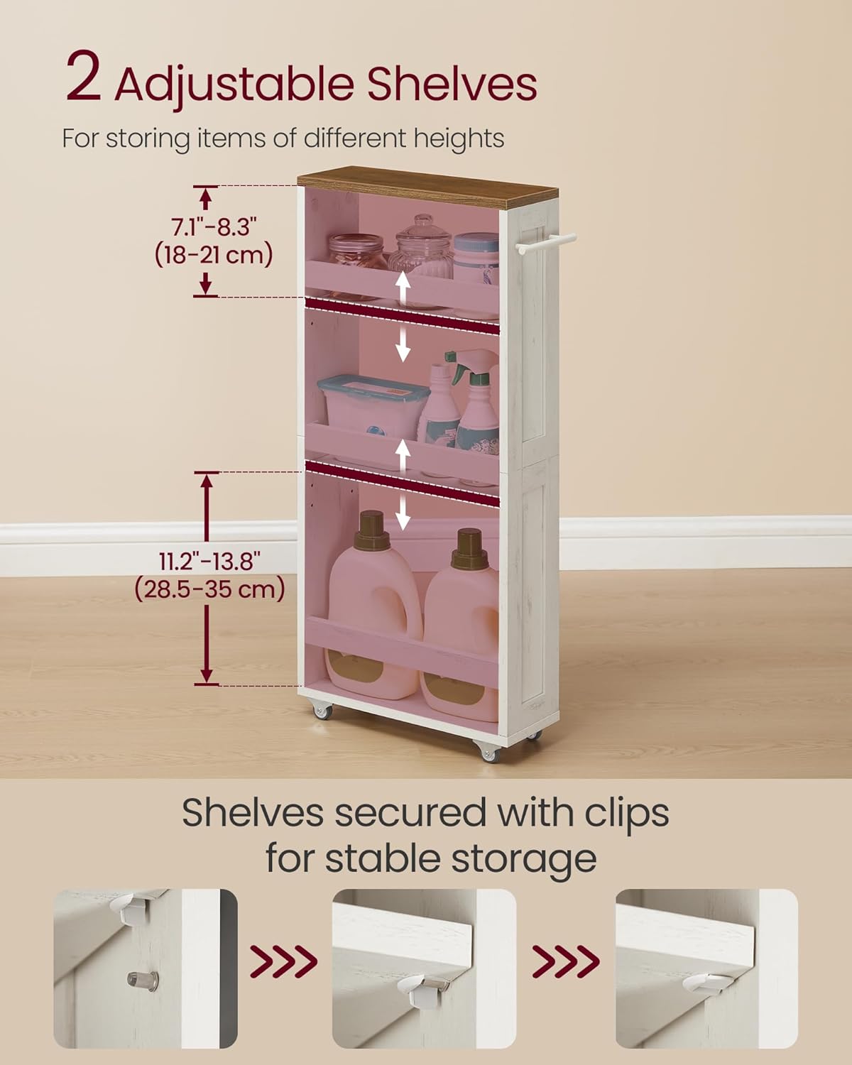 VASAGLE 4-Tier Slide-Out Storage Cart, Slim Kitchen Cart for Small Spaces, with Wheels, Handle, Bathroom, Laundry Room, 5.9 x 17 x 34.1 Inches, Rustic White and Honey Brown ULRC050K01