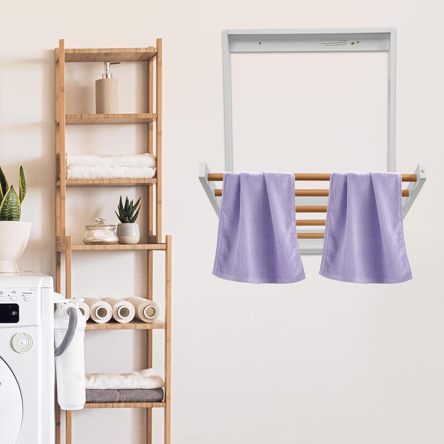DouSeiAi Wall Mounted Clothes Drying Rack, Foldable Wooden Laundry Dryer with Drop-Down Design for Space Saving in Bathroom, Laundry Room, Balcony