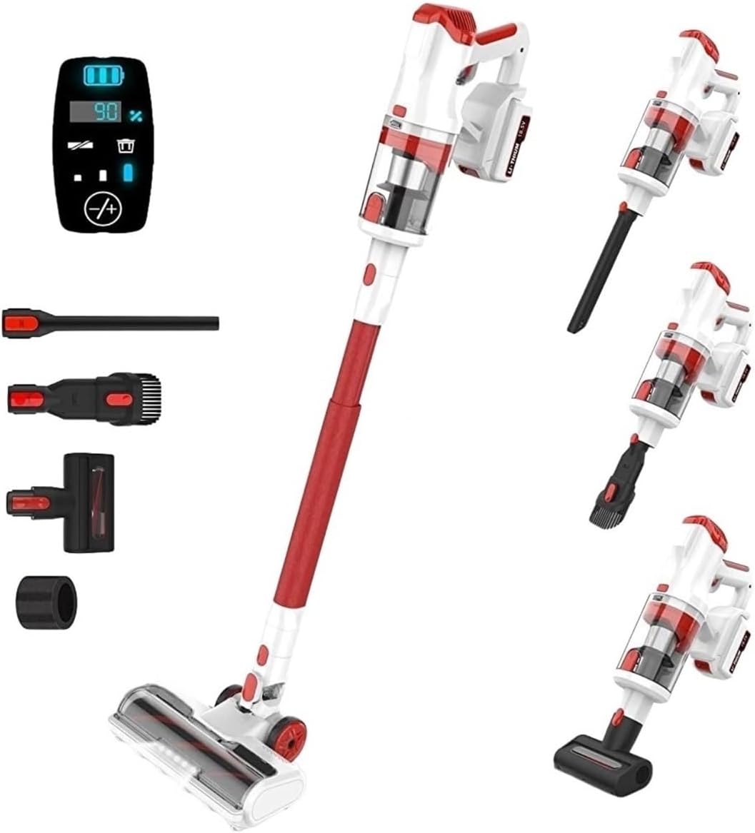 Cordless Vacuum Cleaner 30kPa 300W Powerful 6 in 1 Light Stick Vacuum with LED Display Vacuum Cleaners Compatible with INSE V11(V11 RED)