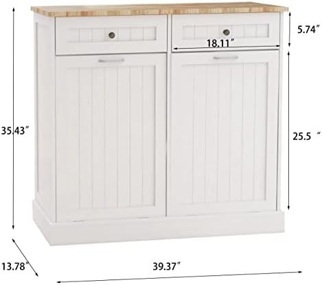 Ball & Cast Double Tilt Out Trash Cabinet, Multifunctional White Hidden Garbage Can Cabinet, Wooden Trash Can for Kitchen, Bathroom and Living Room