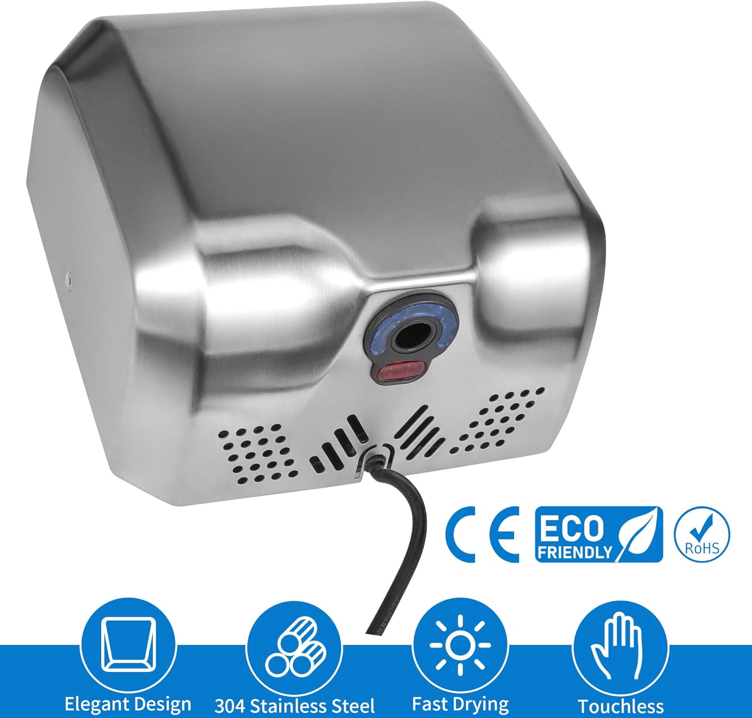 Goetland Stainless Steel Commercial Hand Dryer 1800w Automatic High Speed Heavy Duty Dull Polished