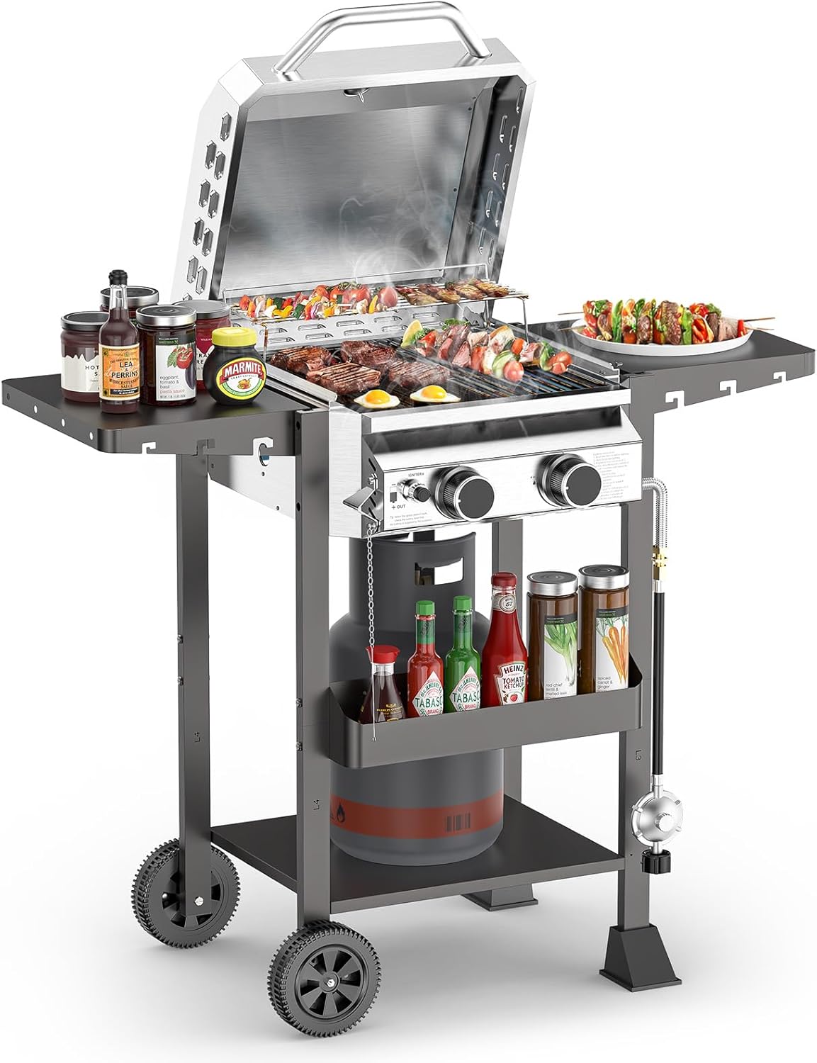 ‌2-Burner Gas Grill, Stainless Steel 160,00 BTU BBQ Grill with Foldable Side Shelves & Storage Shelf – Ideal Propane Grill for Outdoor Barbecues, Patio Gatherings, and Camping