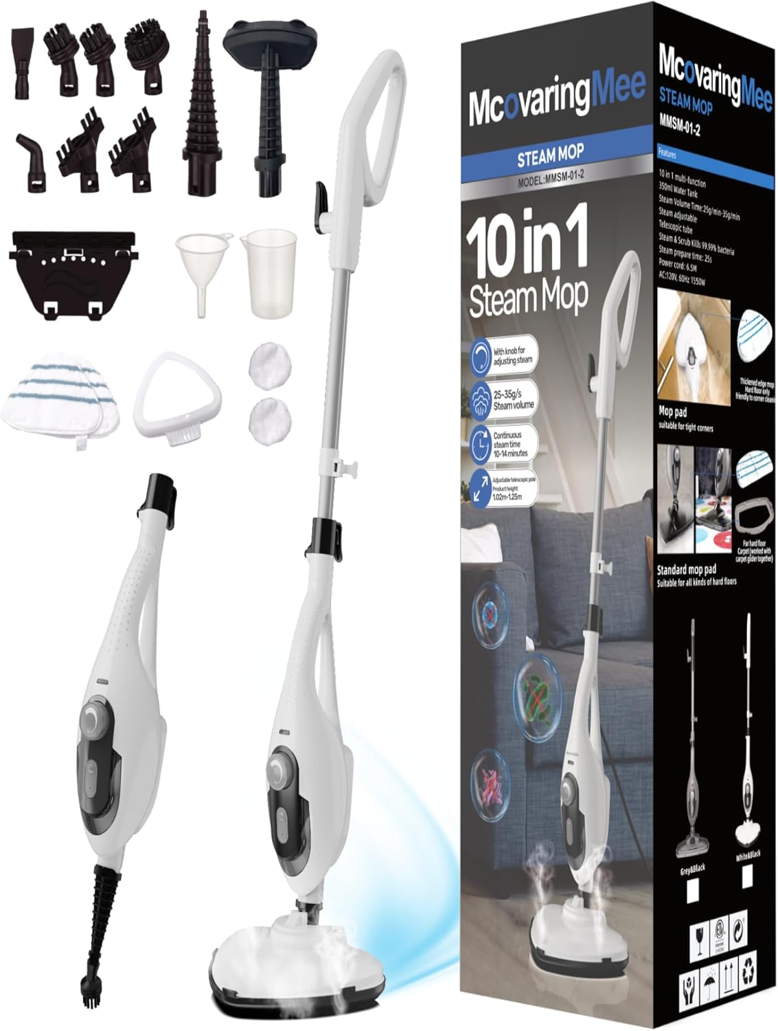 11-in-1 Steam Mop, 1550W Powerful Handheld Steam Cleaner, 260°F Multi-Functional Floor Steamer with 21.3FT Cord for Floors, Hardwood, Tiles, Grout, Windows, Kitchen, Bath, Adjustable (White)