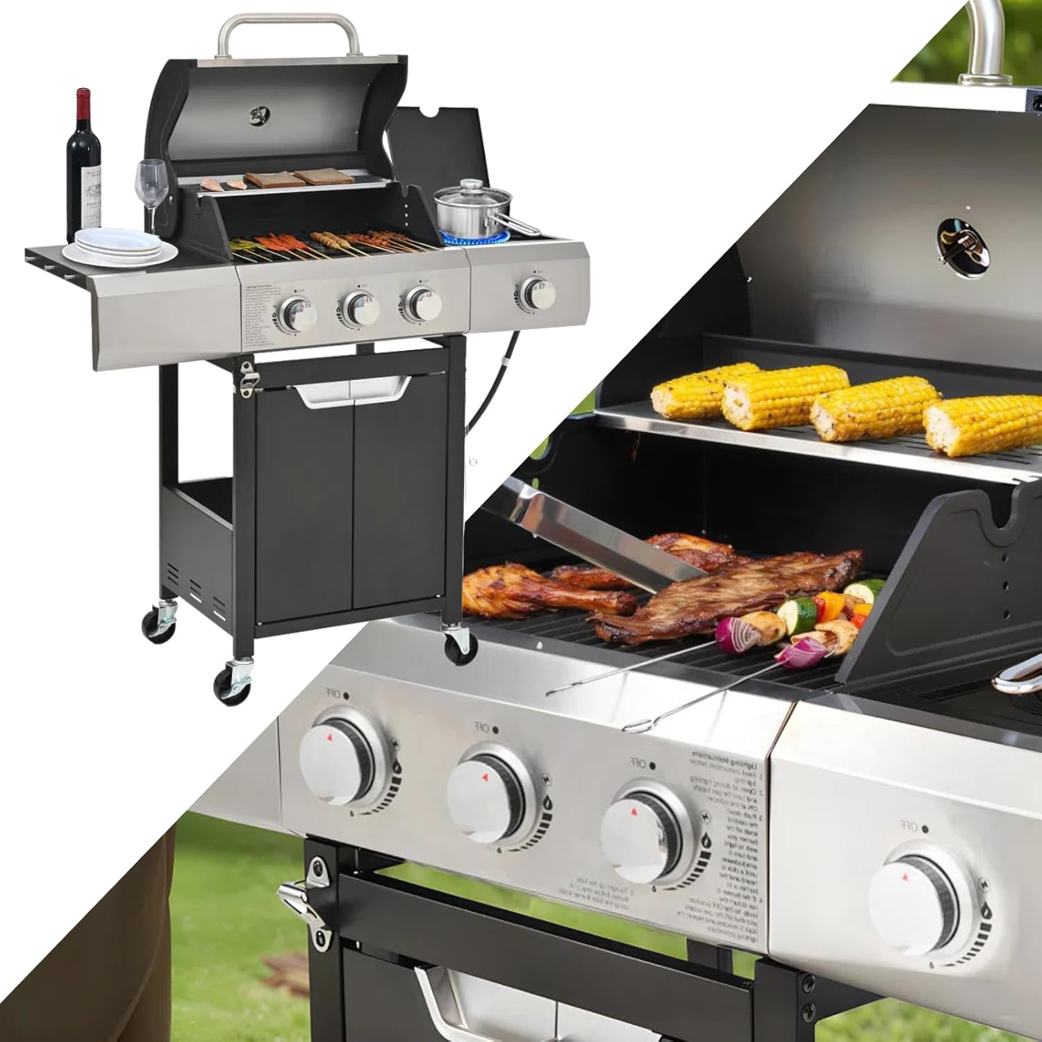 Stainless Steel Propane Grill 3 Burner with Side Burner, 40,500 BTU Outdoor BBQ Gas Grill for Garden & Camping, 376 sq in Cooking Area + Warming Rack