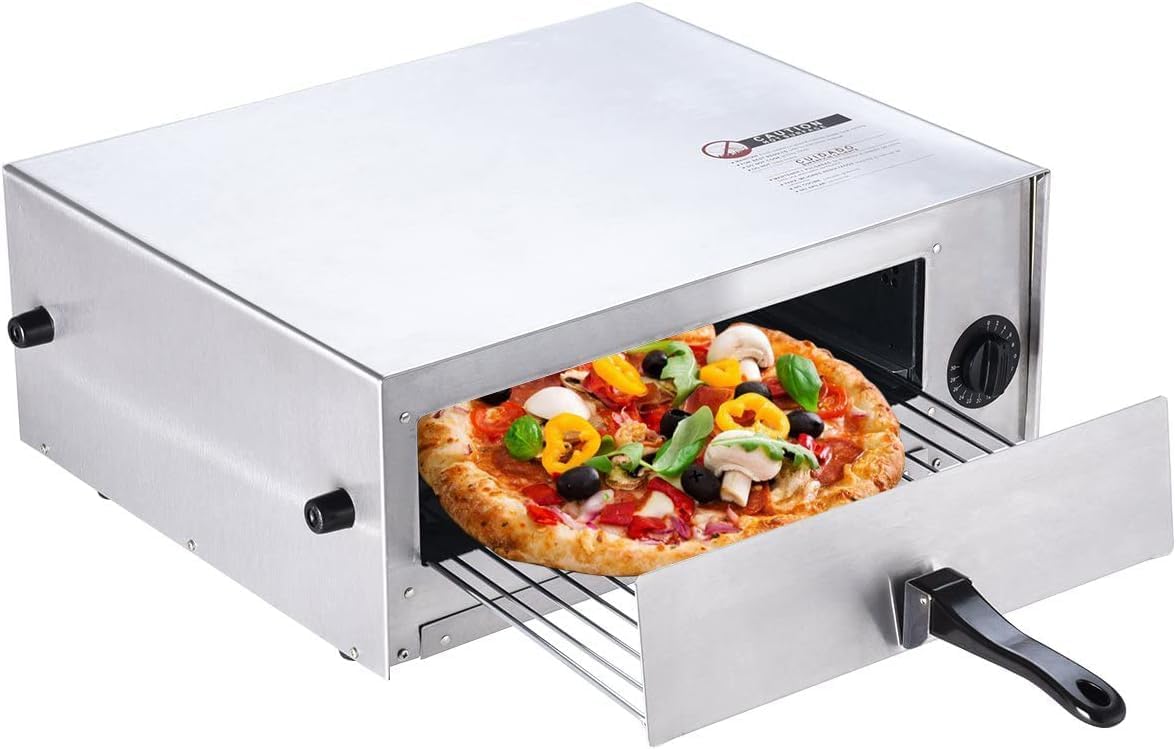 GOFLAME 1450W Electric Pizza Oven, 12 Inch Stainless Steel Pizza Oven Countertop with Insulated Handle & Removable Tray, Commercial Pizza Maker for Restaurant Home Party