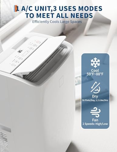 14000 BTU Portable Air Conditioner, 4-In-1 Energy Efficient Room AC for Cooling Areas Up to 750 Sq. Ft. with Remote Control/Fan/Dehumidifier/Auto-Oscillator/24 Hour Timer, Living Room/Bedroom, White