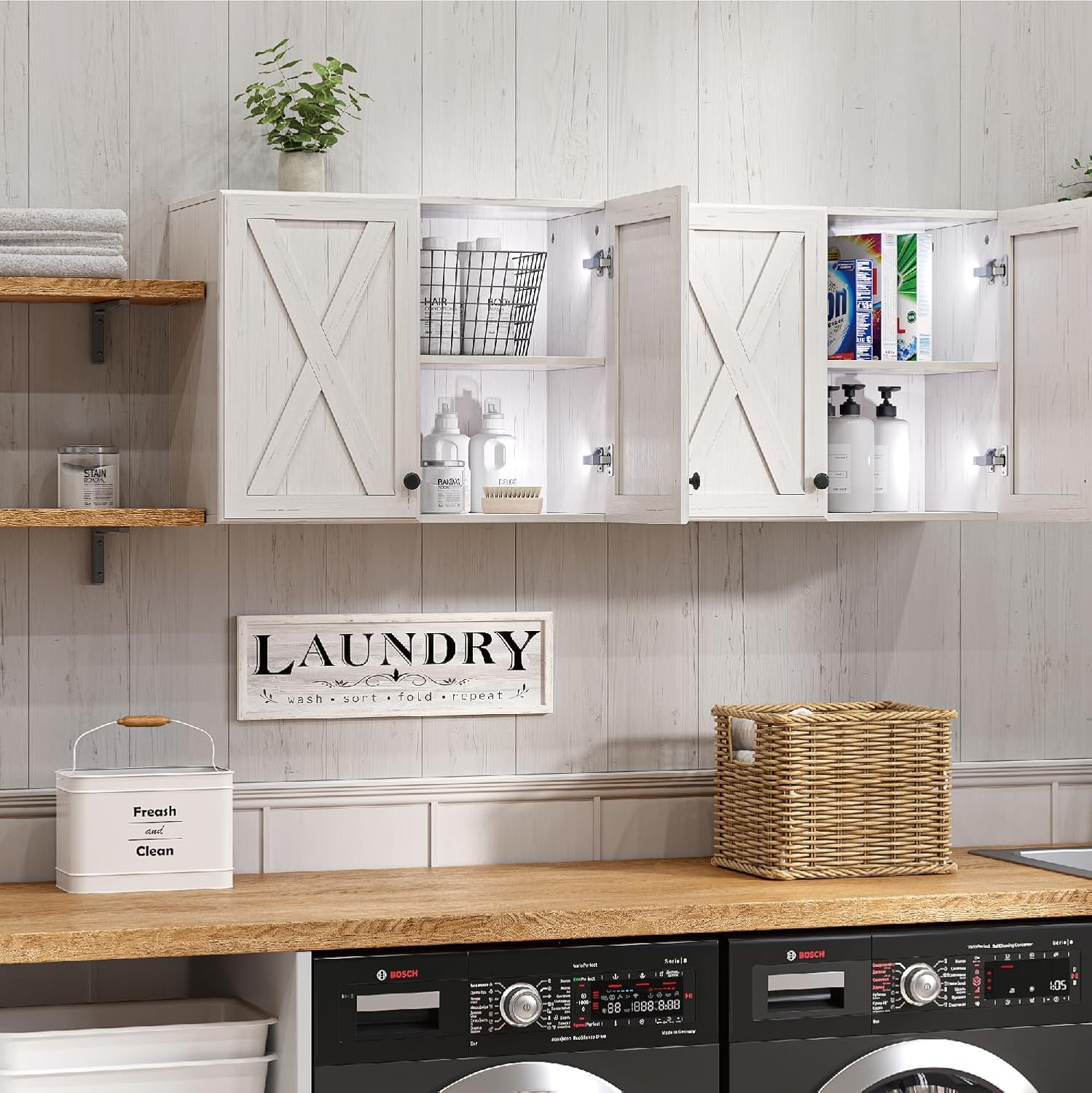 Wall Storage Cabinets - Farmhouse Kitchen Laundry Wall Mounted Cabinets with 4 Doors and Shelves, in White with Grain, 24'Wx2Pcs