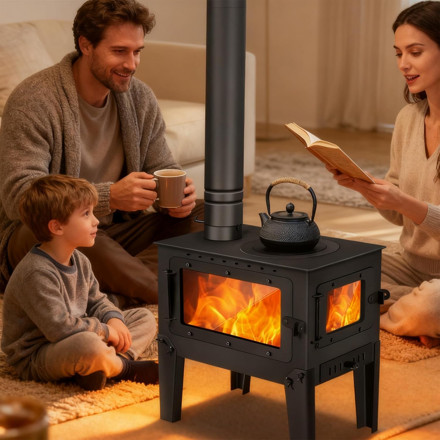 Fireplace with Storage Cabinet and 4 Support Legs, Pellet Stove, Suitable for 200-700 sq ft Spaces, Dual-Purpose Indoor and Patio Heater。