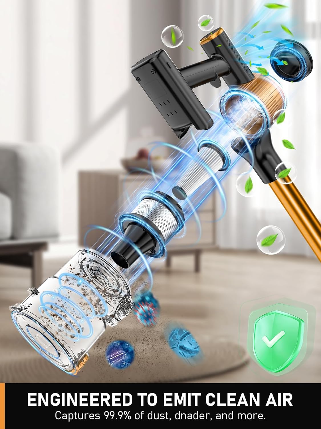 Cordless Vacuum Cleaner, 30Kpa 8 in 1 Lightweight Stick Vacuum with Sofa Brush, 350W Motor, Anti-Tangle Brush with Green Light, 40mins Runtime Rechargeable Vacuums for Hardwood Floor, Carpet, Pet Hair