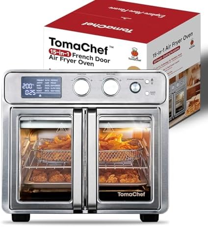 26QT French Door Air Fryer Toaster Oven Combo, 15 Cooking Functions including Rotisserie, and Digital Controls, 30 Recipes & 5 Accessories, Stainless Steel Finish