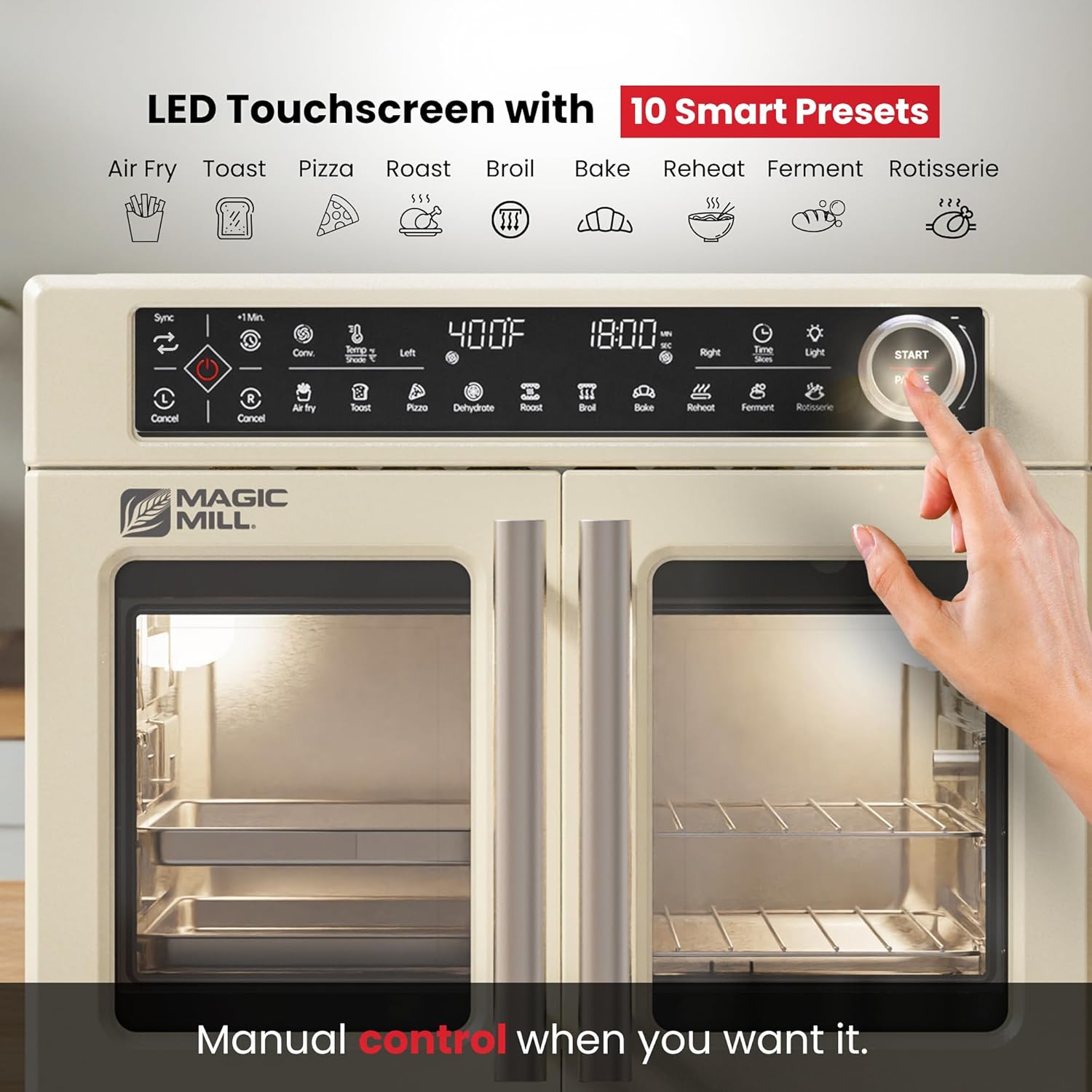 Magic Mill Ultra-Premium Dual-Zone Stainless Steel Air Fryer Toaster Oven Combo, Extra Large 32QT French Door Convection Oven with Next-Gen Patent Technology, 13 Accessories, Rotisserie, Sync Finish