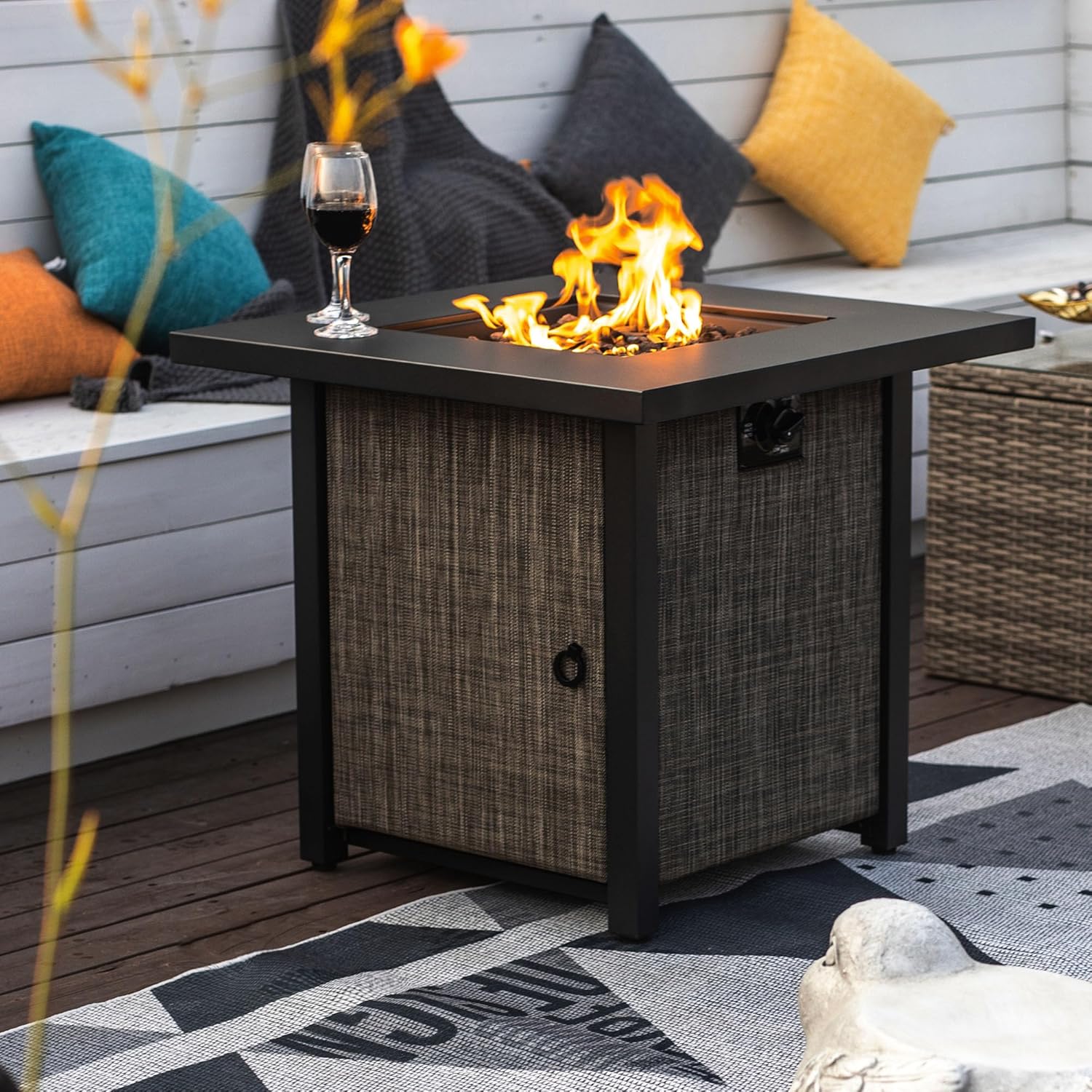 GOWE 40000BTU Square Propane Fire Pit Table Steel Tabletop with Textilene Side Panel, Steel Lid and Rocks