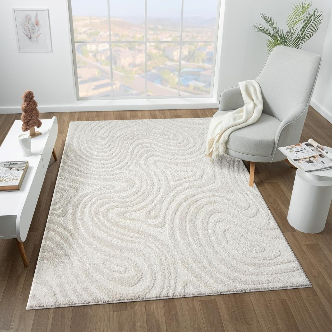 LUXE WEAVERS Geometric Swirl Cream 9x12 Area Rug High Low Modern Carpet