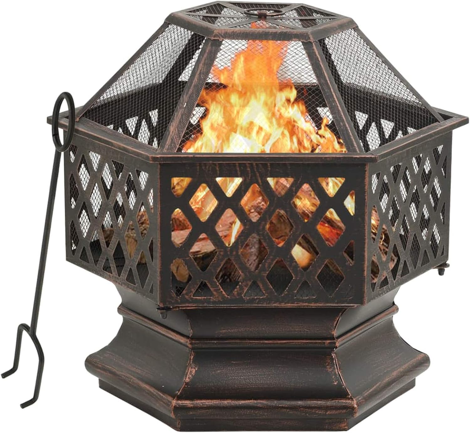 Rustic Fire Pit with Poker, XXL Steel Fire Bowl 24.4x21.3x22 Inch with Mesh Cover for Outdoor Garden and Patio