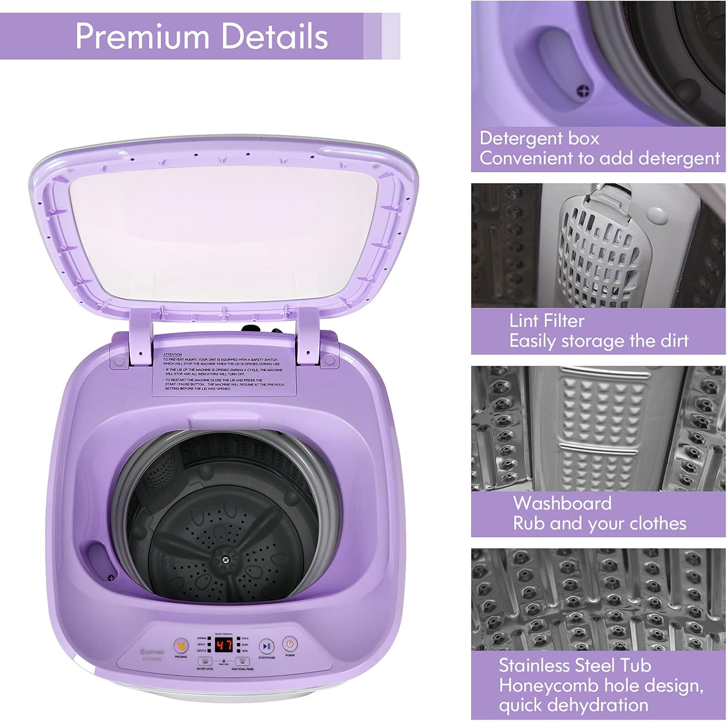 COSTWAY Portable Washing Machine, 8 Lbs Capacity, Built-in Drain Pump, Compact Laundry Washer with 6 Programs, 6 Water Levels, Child Lock, Full-Automatic washer for RV, Dorm, Apartment, Purple