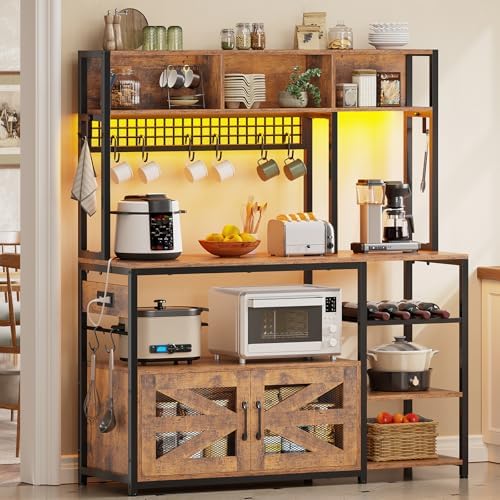 Itaar 47.2 Inch Bakers Rack with Power Outlet, Microwave Stand with Storage, Farmhouse Coffee Bar Cabinet Station with Wine Rack, Iron Mesh and 8-S Hooks (Rustic Brown)