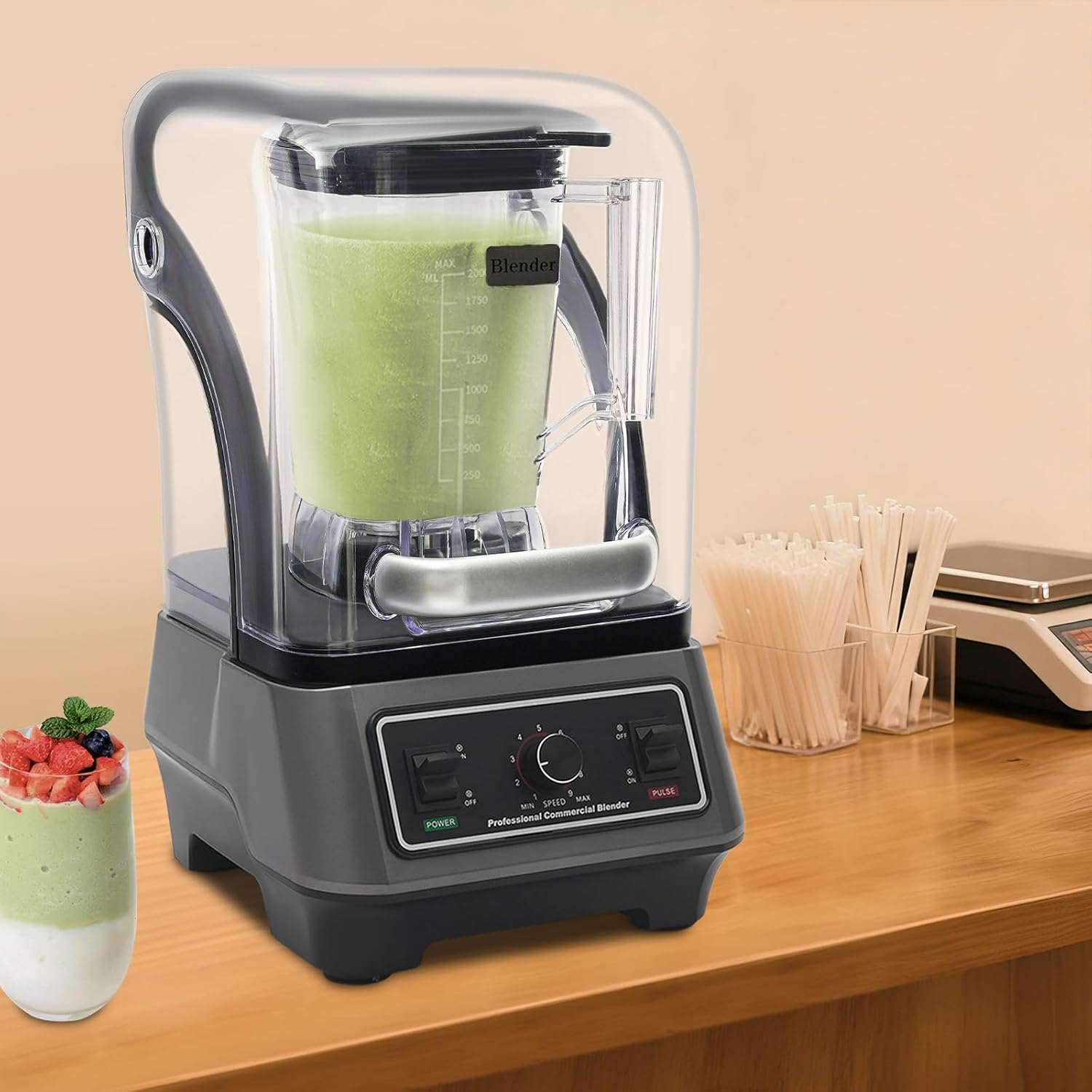 Commercial Blender with Soundproof Shield, 68Oz Quiet Professional Blenders, Heavy Duty Blender with Noise-reducing Pads, 9-Speed Adjustment, 1600W Industries Strong and Quiet Professional-Grade Power