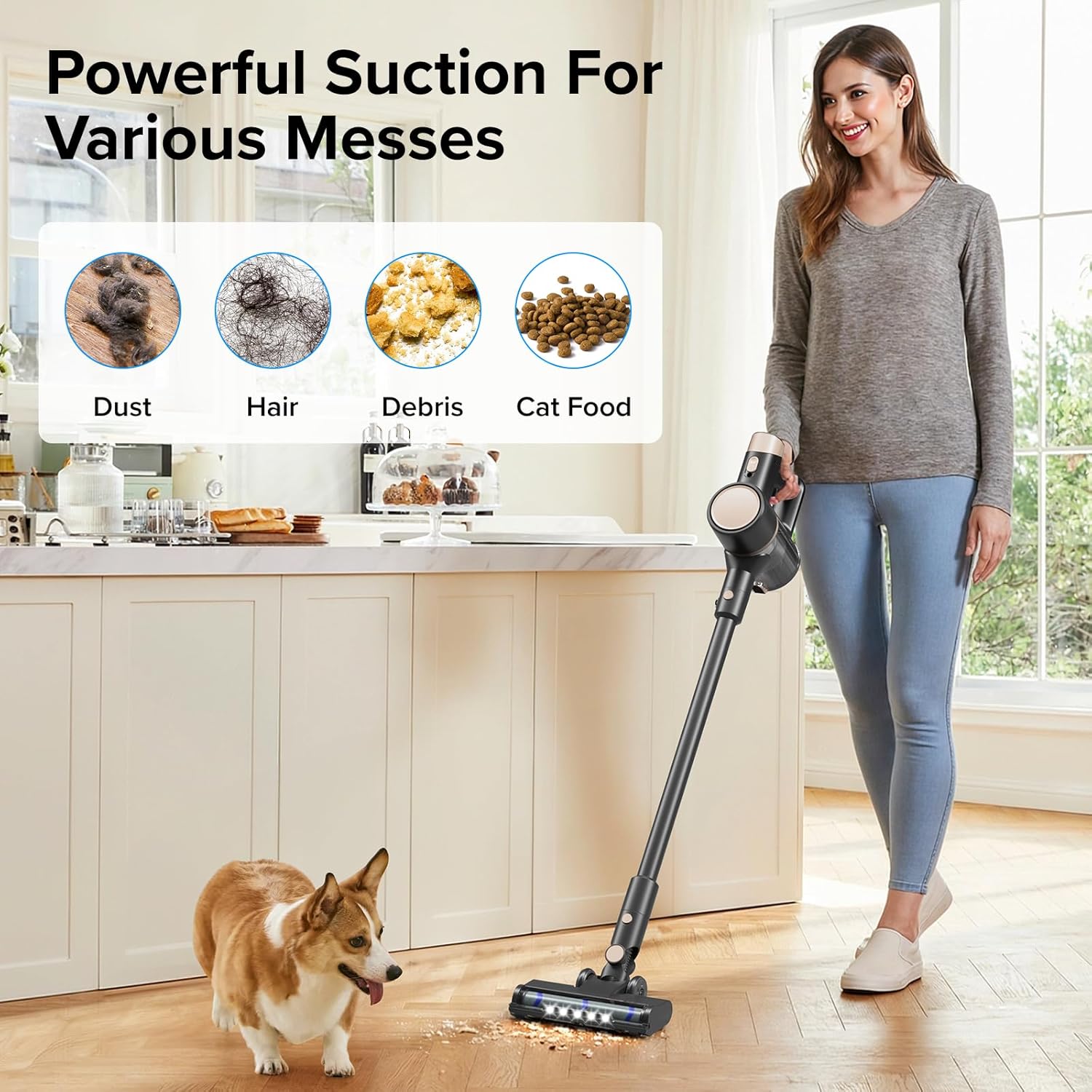 Cordless Vacuum Cleaner, Handheld Lightweight Stick Vacuum with LED Control Panel, 2 Cleaning Modes, Powerful Suction, Rechargeable Cordless Vacuum for Hardwood Floor, Tile, Carpet, Pet Hair