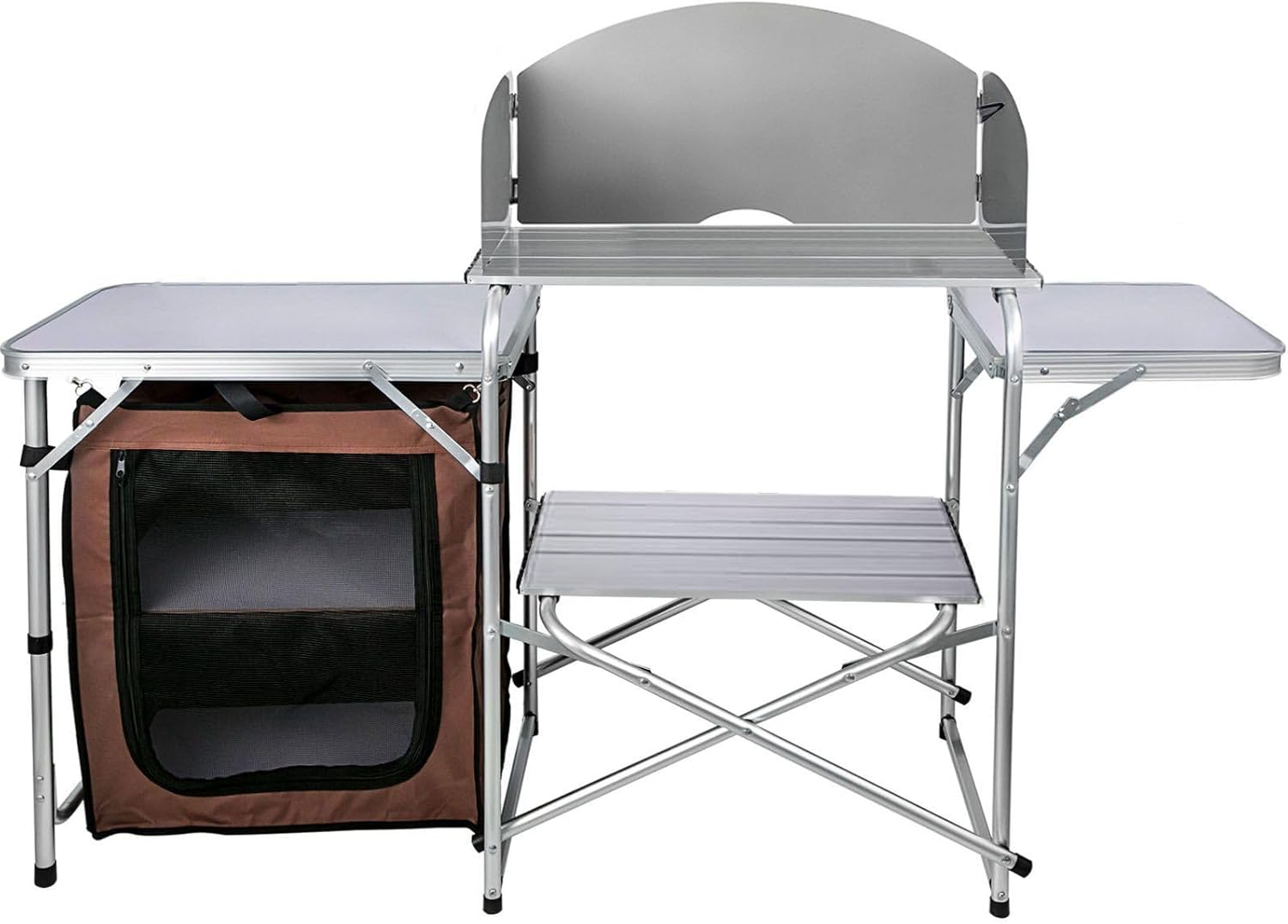 Portable Camping Kitchen Table,Foldable 2-Tier Cooking Station with Windshield & Side Tables,Compact Storage Rack for Picnics, Backyard Barbecues