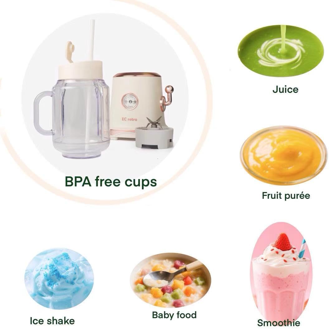 ECretro Retro Smoothie Blenders Countertop Juicer Maker with 20oz BPA Free Travel Cup and Lid, 300W 2-Speed for Shakes and Ice Crush(Light Yellow)