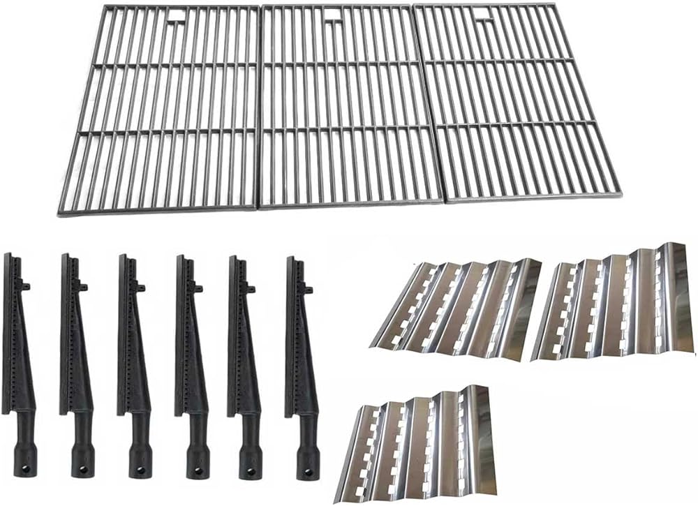 oceanside Replacement Kit for Brinkmann 4615, Gas Grill Includes 3 Stainless Steel Heat Plates, 6 Cast Iron Burners and Cast Iron with Black Matt Enamal Cooking Grates (Set of 3)