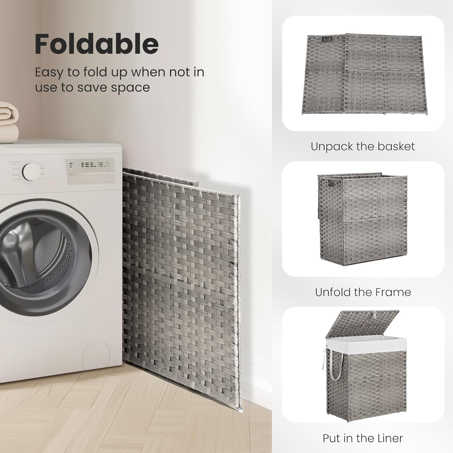 DUMOS Woven Laundry Basket with Lid, 110L Large Capacity Hamper, Removable & Machine-Washable Liner, Foldable Rattan Clothes Hamper, Sturdy Steel Frame, Odor Control, Dove Gray