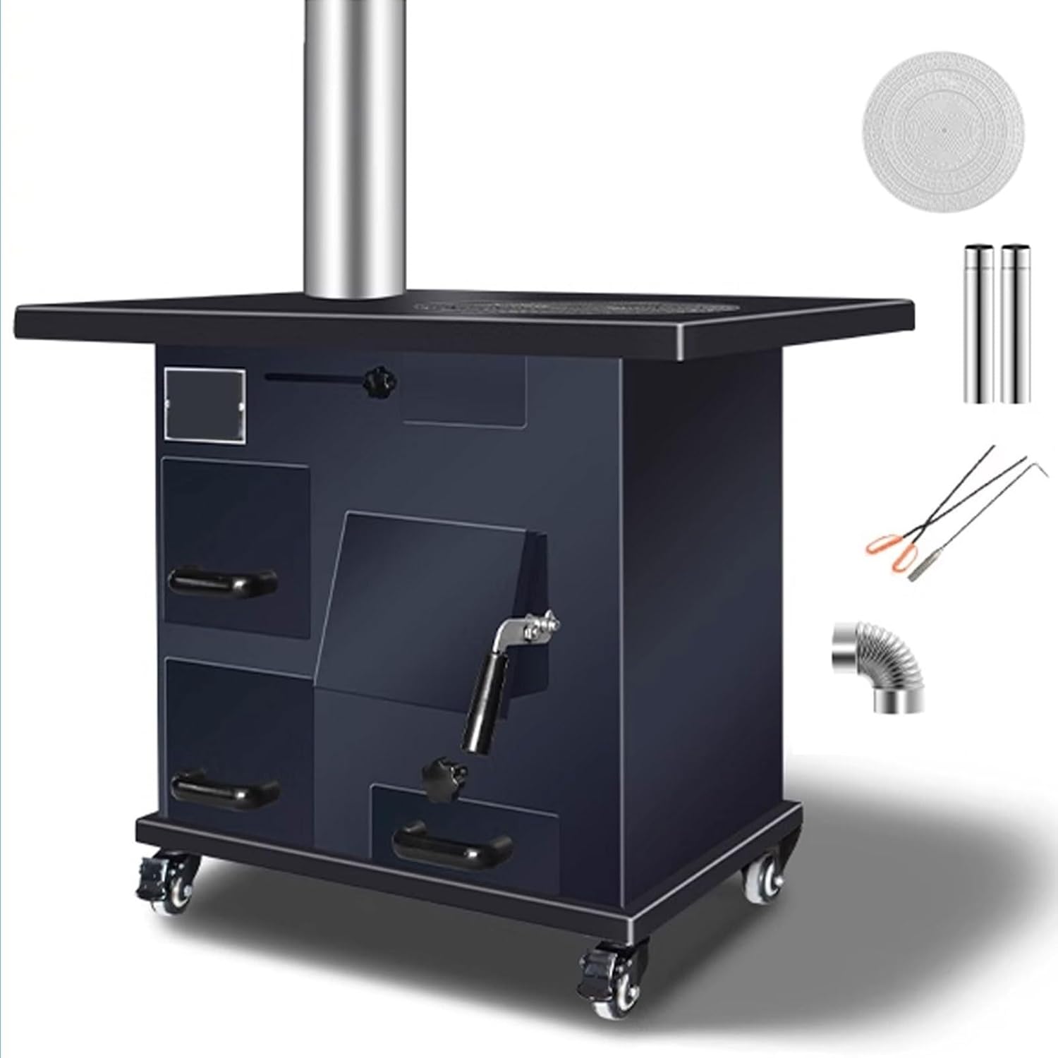 Portable Stove Outdoor Stoves for Cooking Brake Casters and Dual Oven Design Flame Viewing Window 200cm Chimney, Fire Hook, and Fire Tongs Cast Iron Wood Stoves