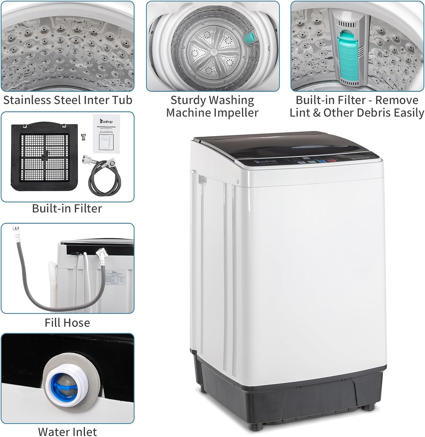 17.8LBS Portable Washing Machine, Full-Automatic Electric Laundry Machine with Stainless Steel Drum, Compact Washer and Spin Dryer Combo with Drain Pump