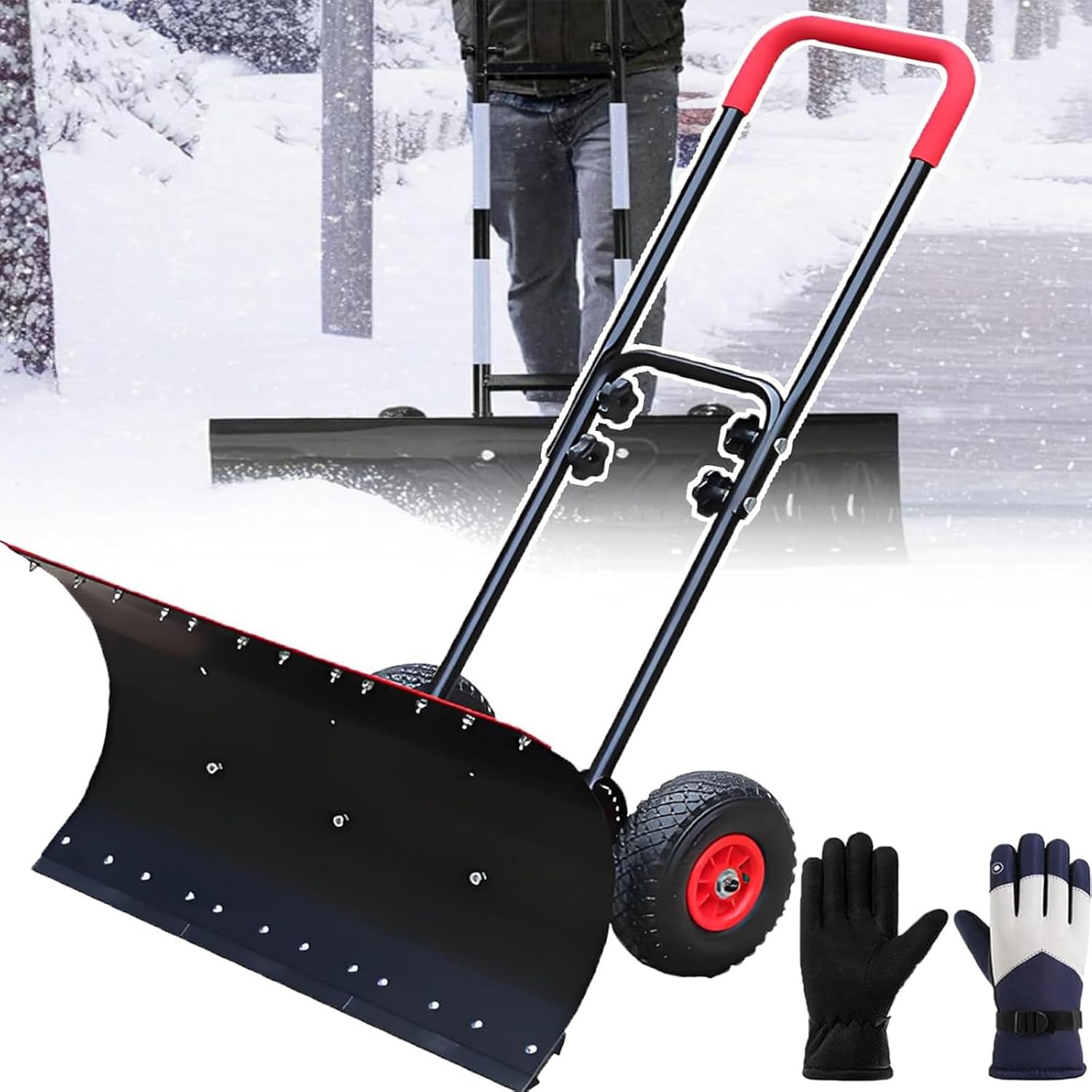 Snow Shovel for Driveway, Push Snow Shovels Outdoor Snowplow Snow Pusher Anti Slip Wheels 42cm Shovel Head 360° Adjustable ice Snow Removal Tool for Driveway & Walkway