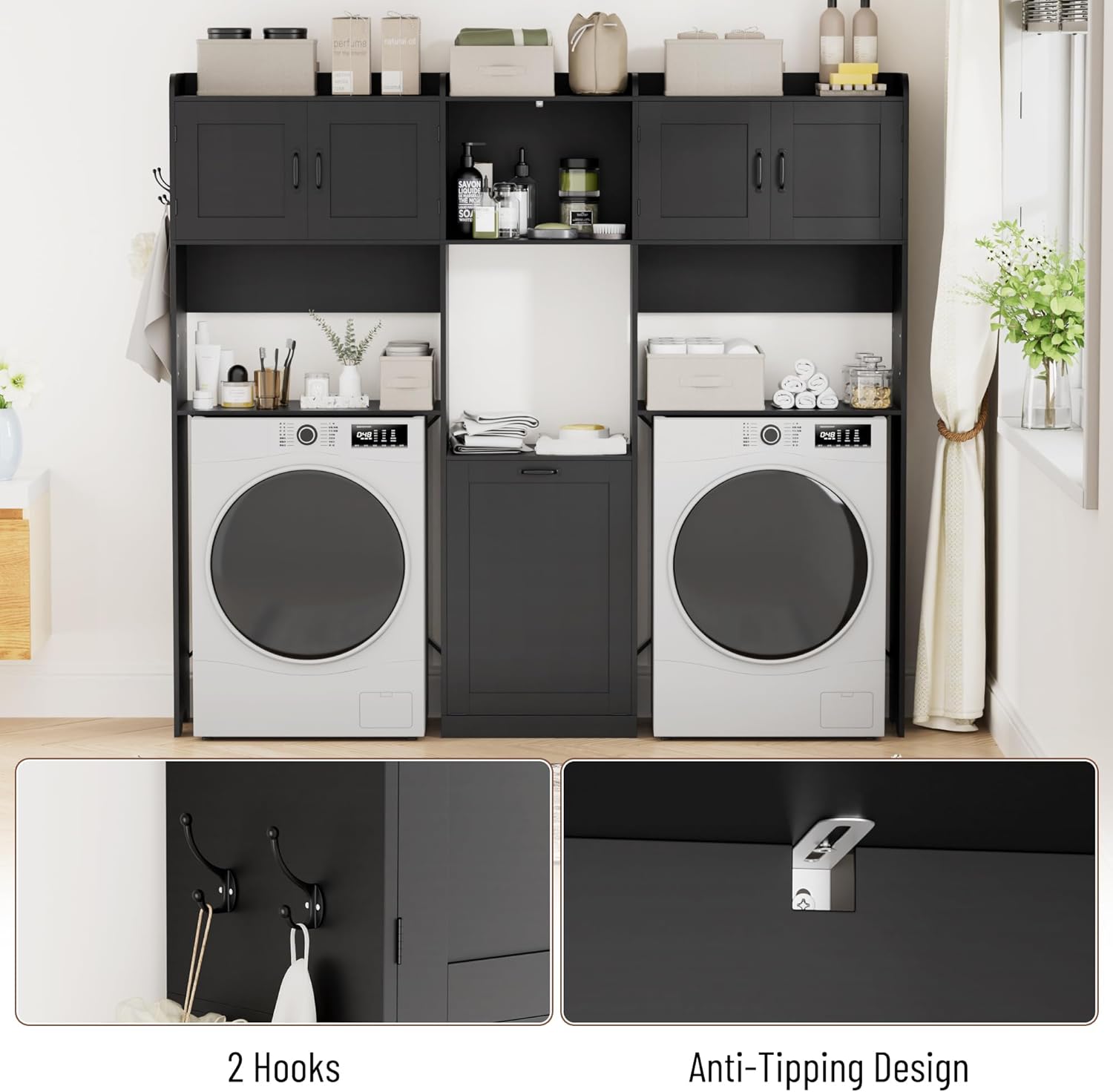 Over The Washer and Dryer Storage Cabinet, Laundry Room Organizer Standing Shelf with Tilt-Out Laundry Hamper Cabinet and Hooks, Space Saving Laundry Room Cabinets