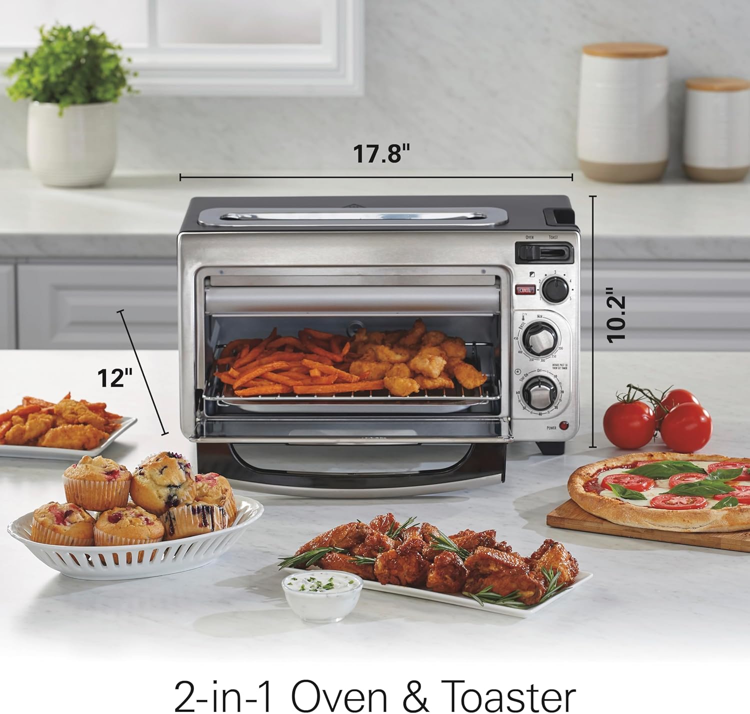 Hamilton Beach 2-in-1 Countertop Toaster Oven and Long Slot 2 Slice Toaster, 60 Minute Timer and Automatic Shut Off, Shade Selector, Stainless Steel (31156)
