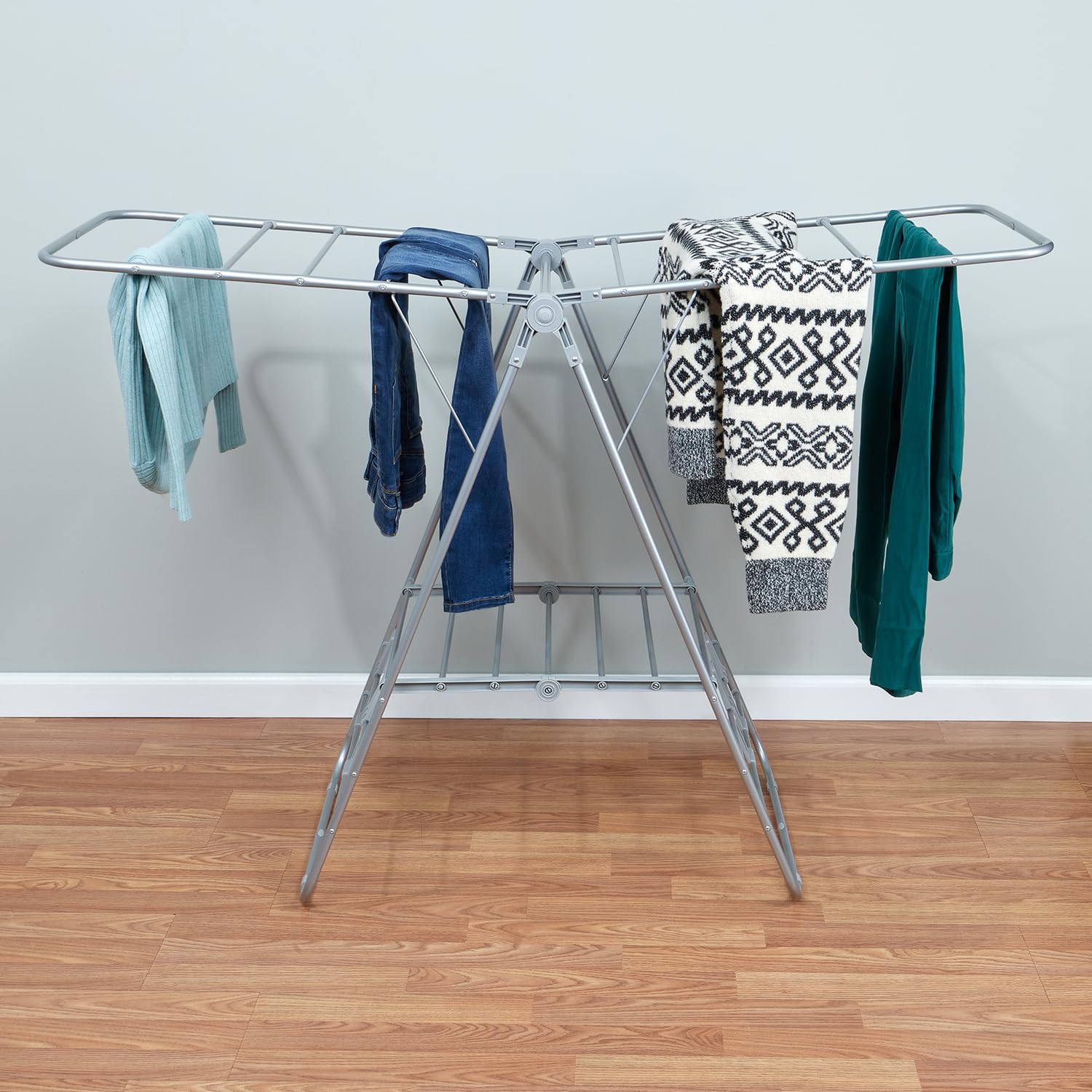 Foldable Clothes Drying Rack with Shoe Drying Area by Home Basics | Powder Coated Steel, Collapsible Design with Shelf, Ample Drying Space | Expands on Both Sides