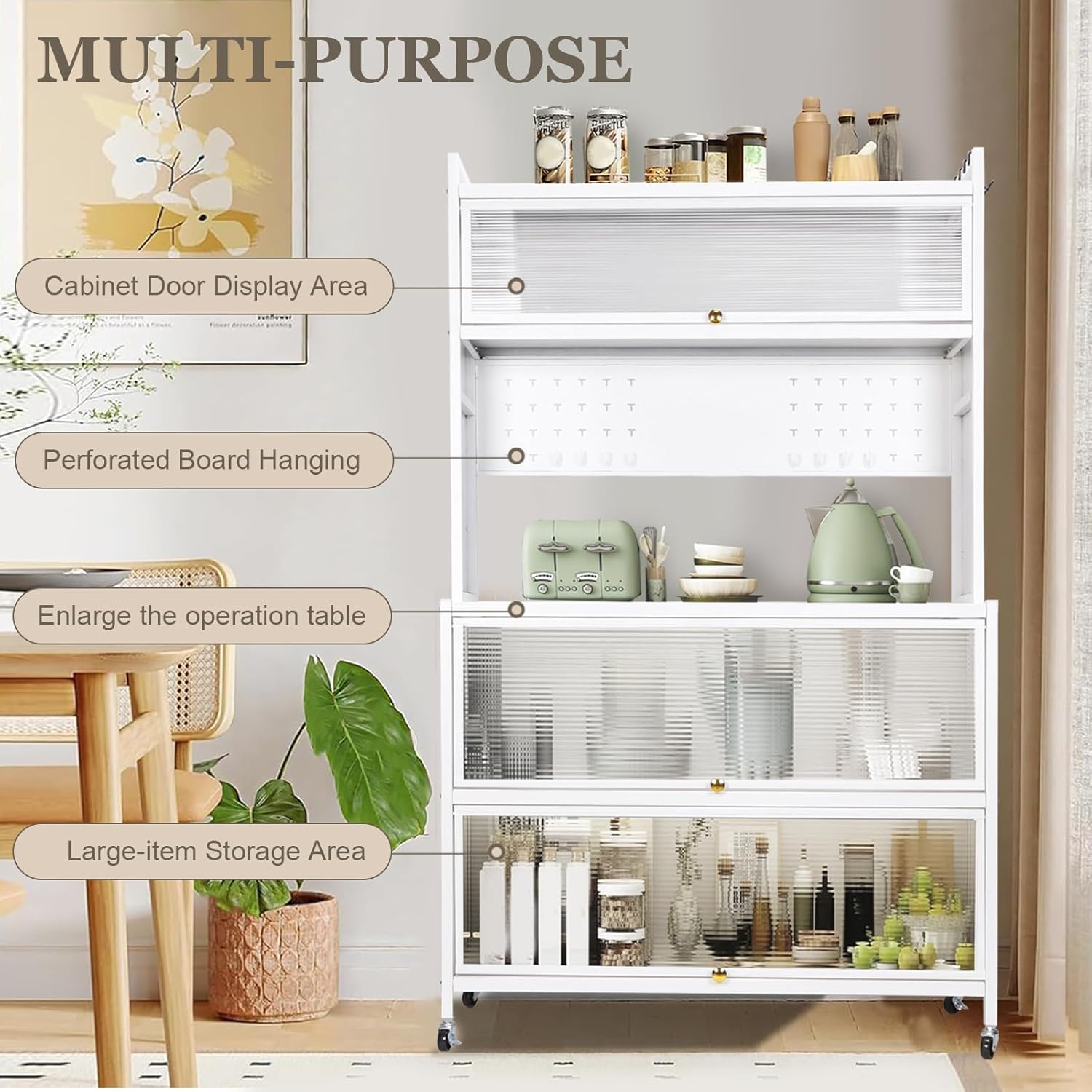 4-Tier Microwave Stand with Flip Door Storage Cabinet, Kitchen Baker's Rack, Standing Buffet Sideboard for Spices, Dishes, Pots, and Pans