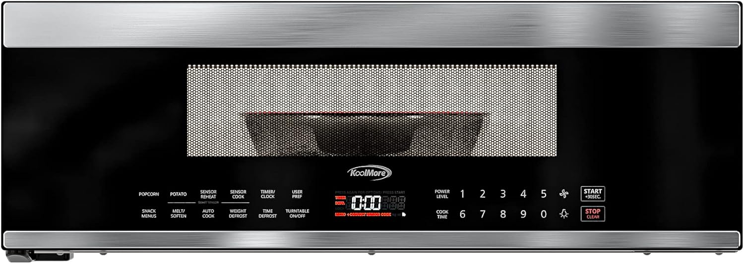 KoolMore 30 Inch Over-The-Range Low Profile Microwave, 1.2 Cu. Ft. Built-in, 10 Power Levels, 13.5” Glass Turntable, 1000-Watt Power, Advanced Air Vent, and Heat Circulation (KM-MLPOT-1SS)
