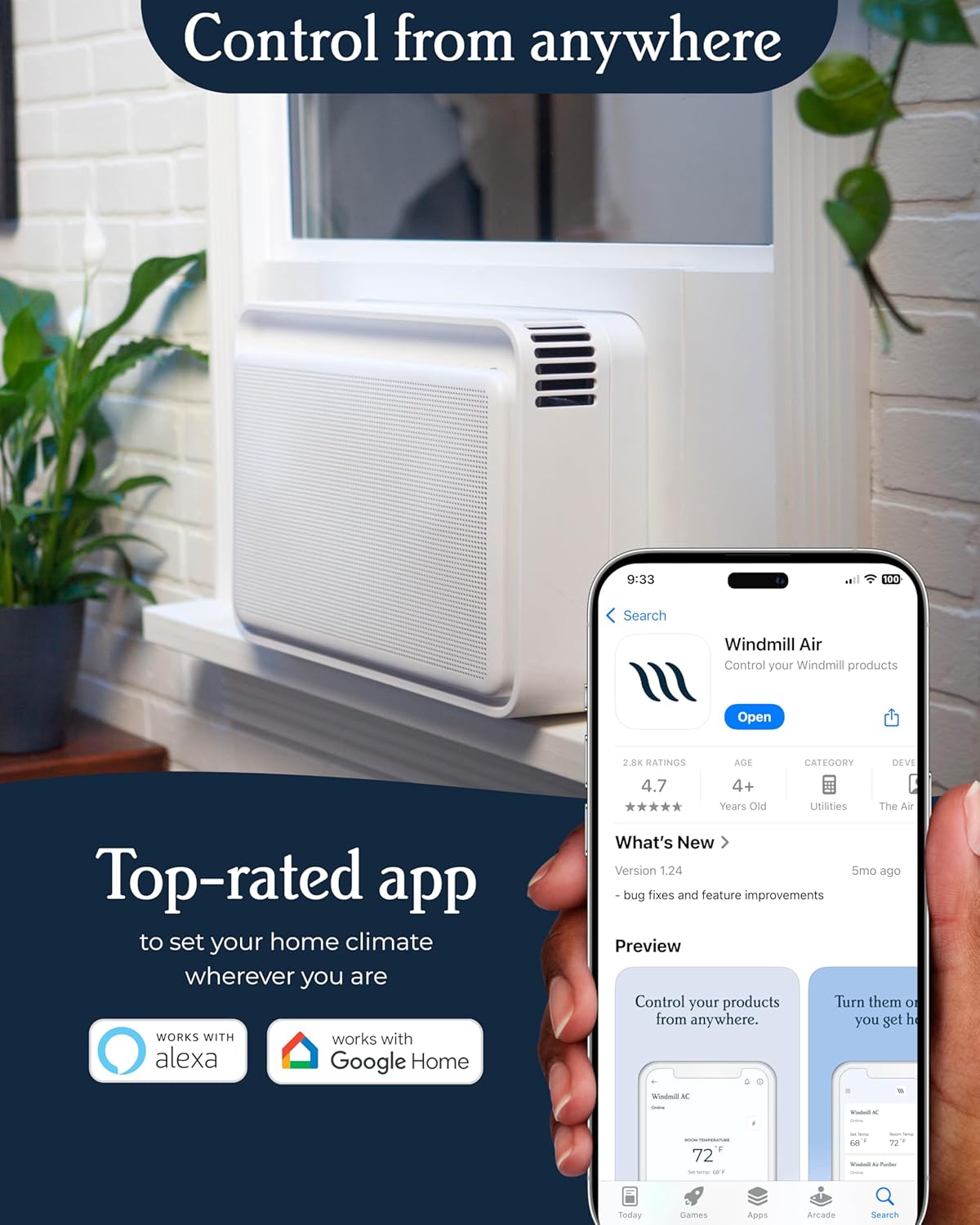 Windmill Window Air Conditioner - Quiet & Smart, Easy Install, Voice-Enabled, Remote & App Control AC Unit - 10,000 BTU Inverter w/WhisperTech