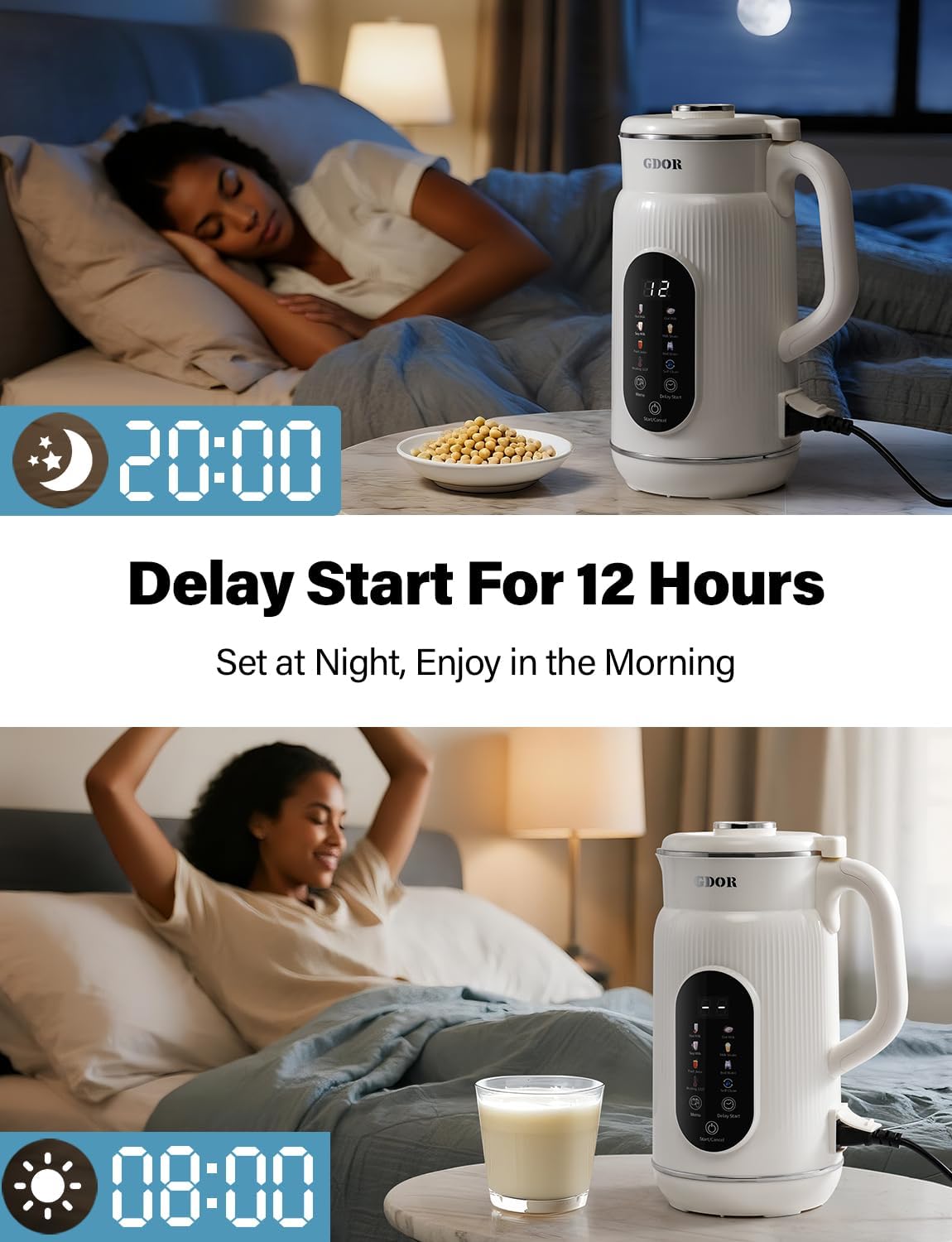 GDOR 42oz Smart Nut Milk Maker, 9-in-1 Plant Milk Machine for Almond, Oat, Soy, Juice & Smoothie, Large Touch Display Blender with Keep Warm, Boil Water, 12H Delay and Self-Cleaning