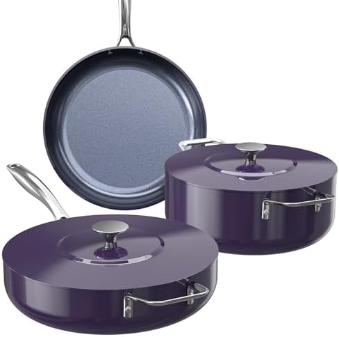 Nuwave Essential Series 5PC Ceramic Cookware Set PFAS-Free, G11 Duralon Blue Coating, Pots and Pans Set Non Stick, Diamond Scratch-Resistant,Stay-Cool Handle, Metal Lid,Induction Ready,Dishwasher Safe