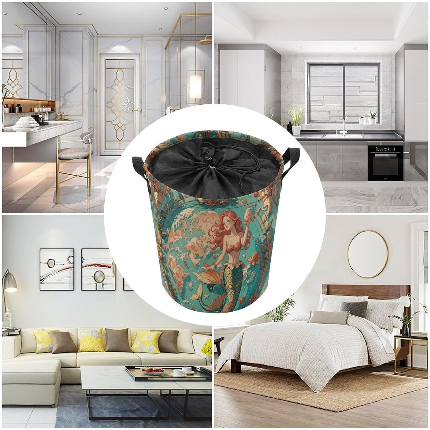 Vintage Outer Banks Map with Mermaids Laundry Bag Round Laundry Basket Collapsible Hamper with Handles Drawstring Closure Waterproof Storage Basket Dirty Clothes Organizer for Bedroom Bathroom Dorm 17