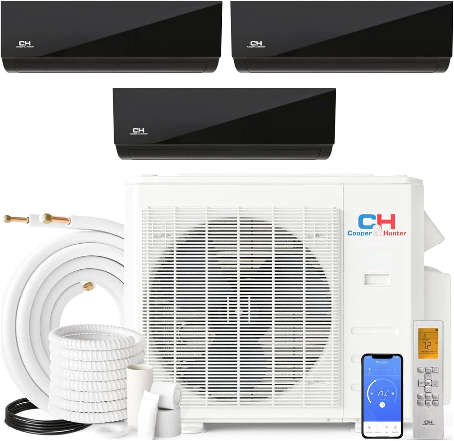 Cooper&Hunter 28,000 BTU Olivia Series, Midnight Edition, Tri Zone 6000 + 6000 + 6000 BTU Wall Mount Air Handlers Ductless Mini Split A/C and Heater Including Installation Kits