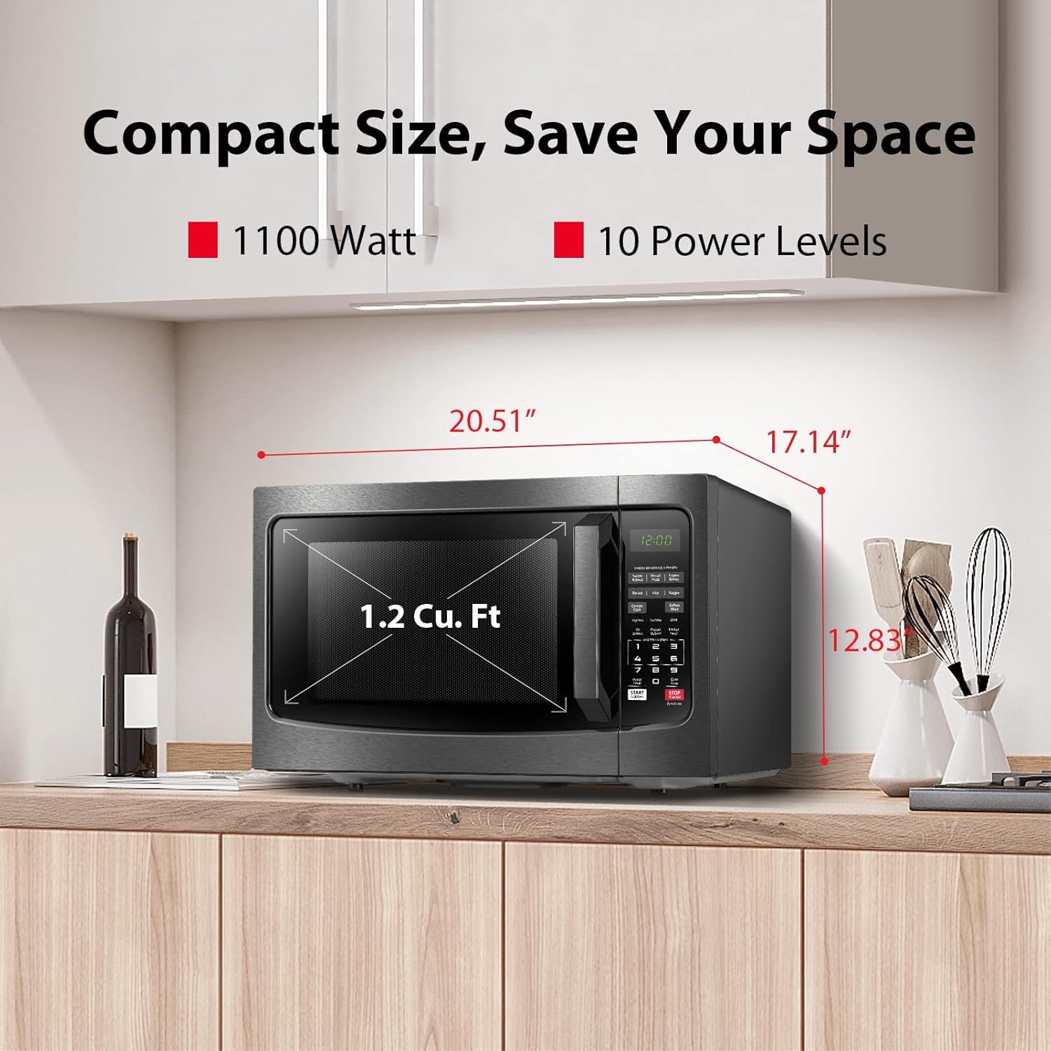 Countertop Microwave Ovens 1.2 Cu Ft, 12.4'' Removable Turntable Smart Humidity Sensor 12 Auto Menus Mute Function ECO Mode Easy Clean Interior 1100W Black Color