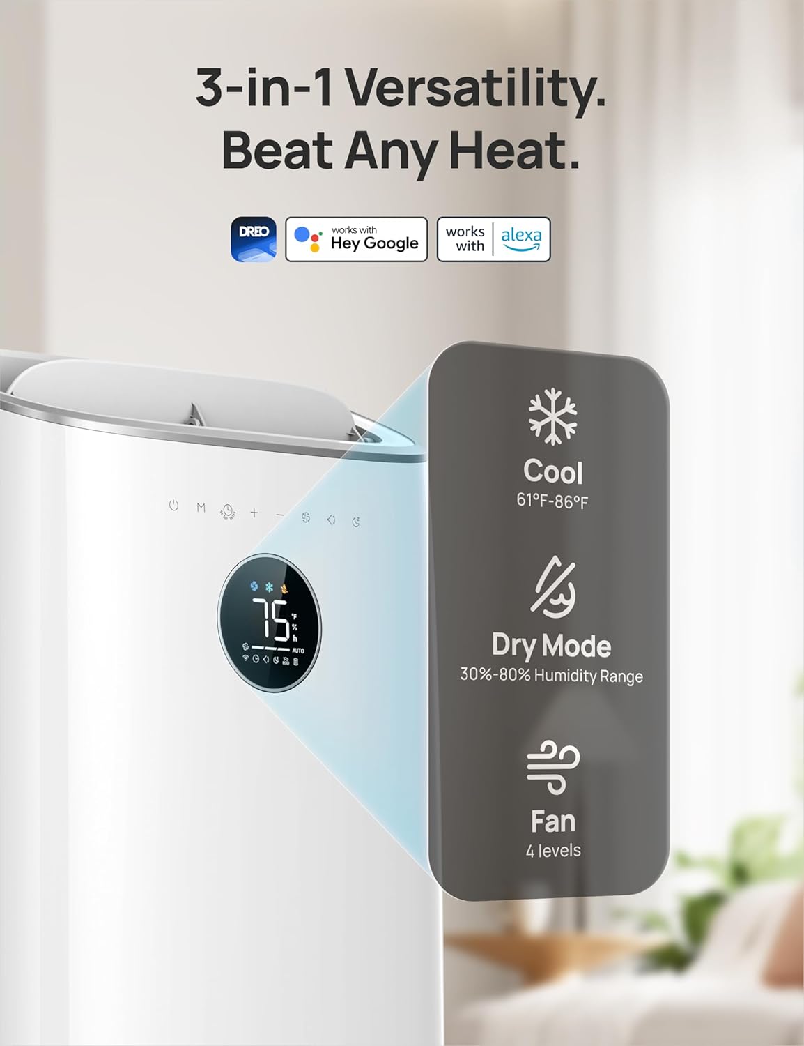 Dreo Portable Air Conditioners, 8000 BTU ASHRAE (5000 BTU DOE) Smart AC Unit for Bedroom with Drainage-free Cooling, 45dB Quiet, APP/Voice/Remote, Portable AC for Room Indoors, AC318S