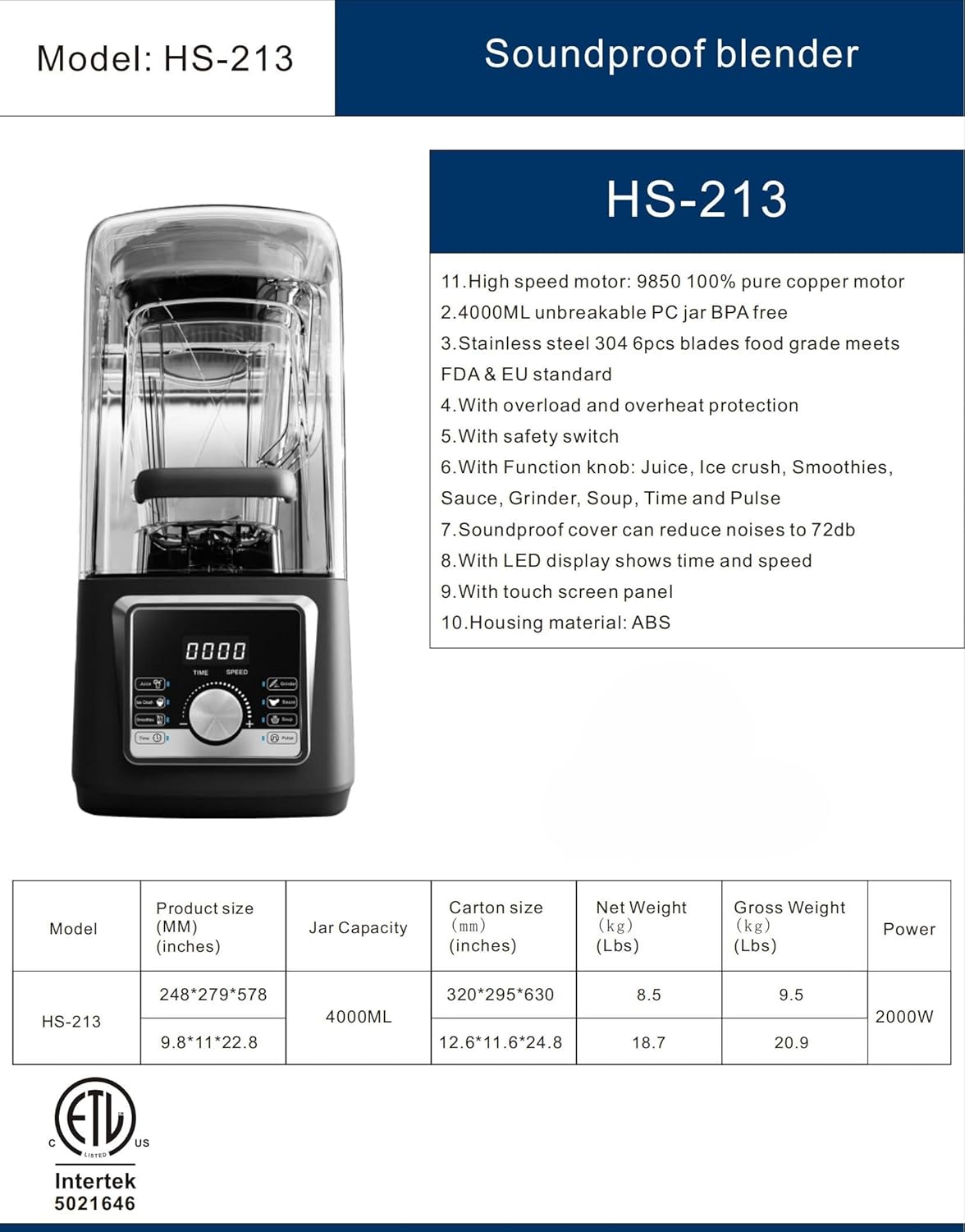 Professional Soundproof Blender, 4000ml Jar, 1400W Motor, 8 Function Settings with LED Display, Black HS-213 ETL