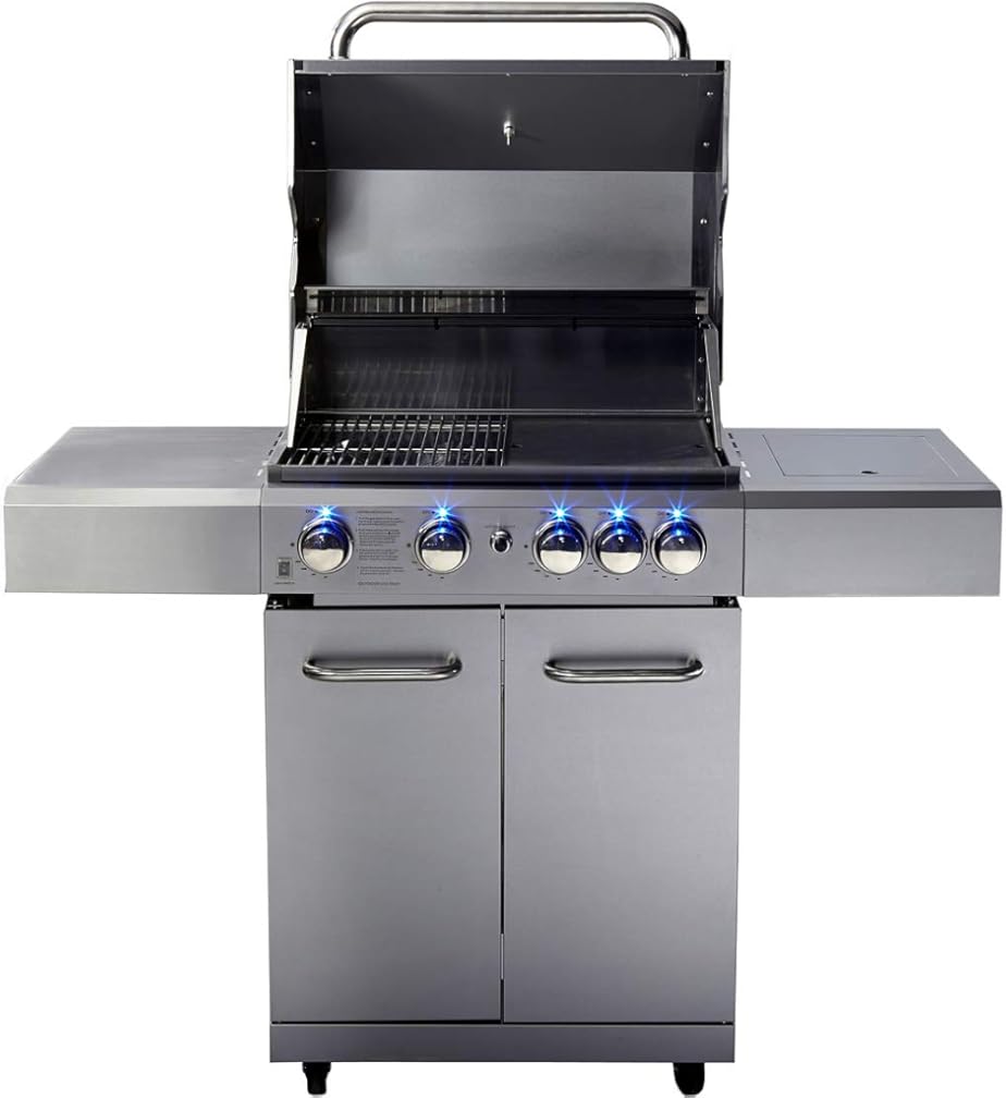 Stainless Steel Propane or Natural Gas BBQ Grill, with 5 Burners, Rotisserie, Side Burner, and Free Protective Cover