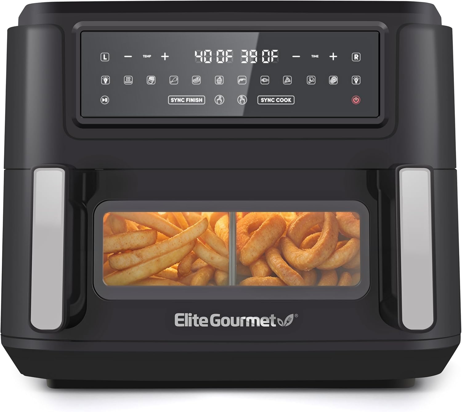Elite Gourmet Dual Zone Air Fryer Oven, 11QT Capacity with Divider, PFAS Free Nonstick, SYNC FINISH, 10 Preset Functions, Bake, Roast, Broil, Air Fry, Toast, Dehydrate, 1600W, with 25 Recipes, Black